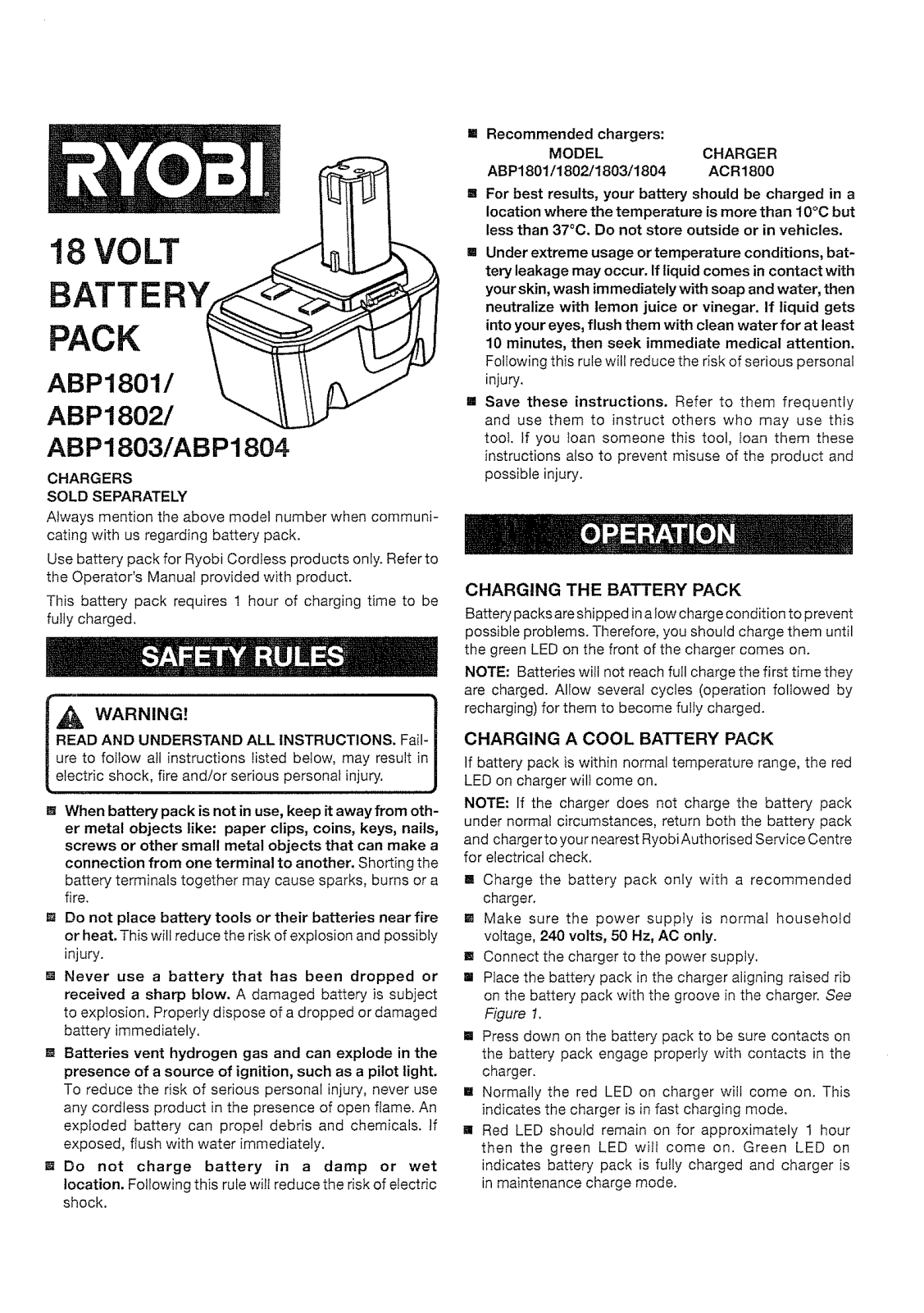 Ryobi 18V TWIN BATTERY PACK NICAD ABP1802, 18V SINGLE BATTERY PACK NICAD ABP1801 User Manual