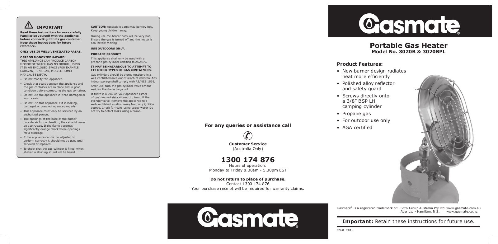 Gasmate 3020BPL Product Manual