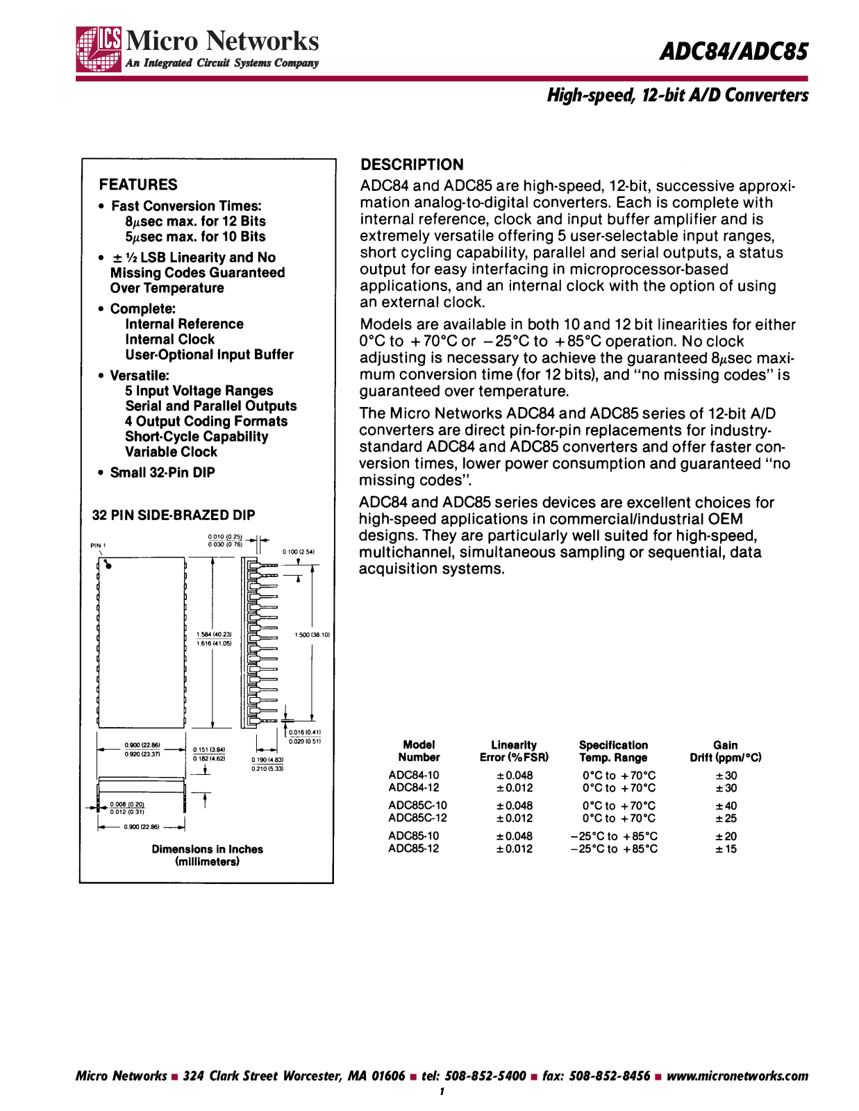 Micro Networks ADC85C-12, ADC85C-10, ADC85-12, ADC85-10, ADC84-12 Datasheet