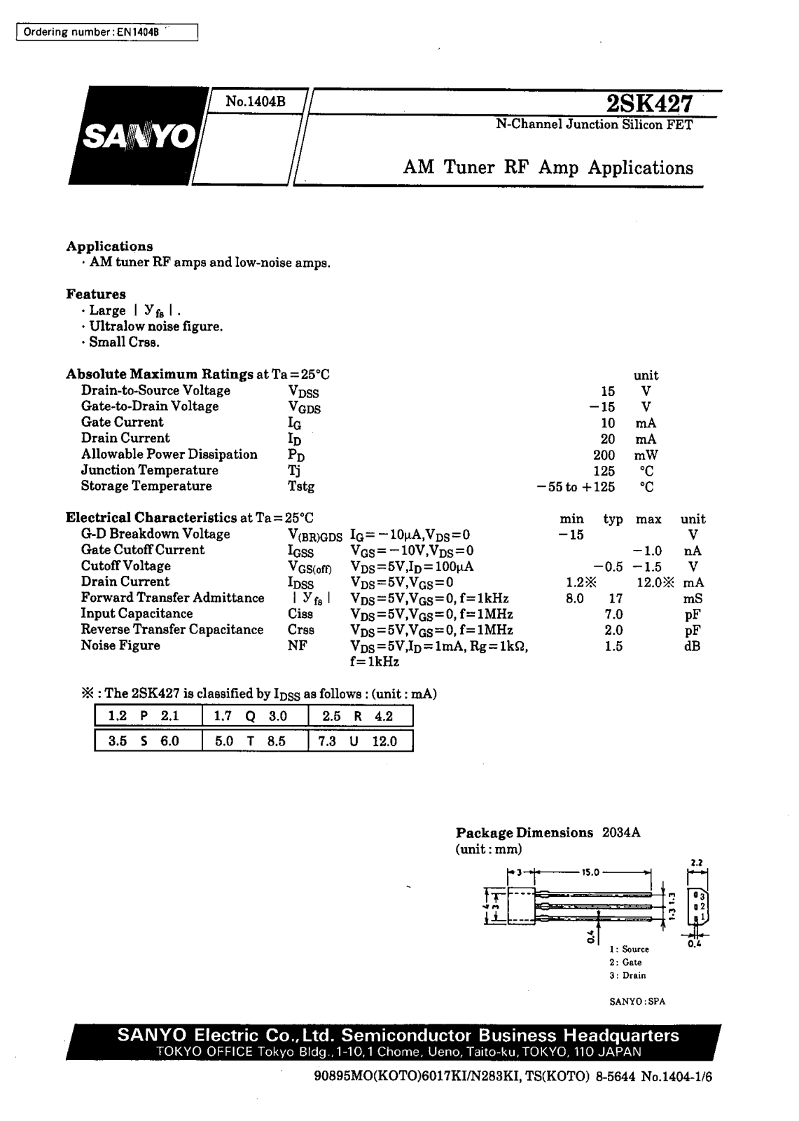 SANYO 2SK427 Datasheet