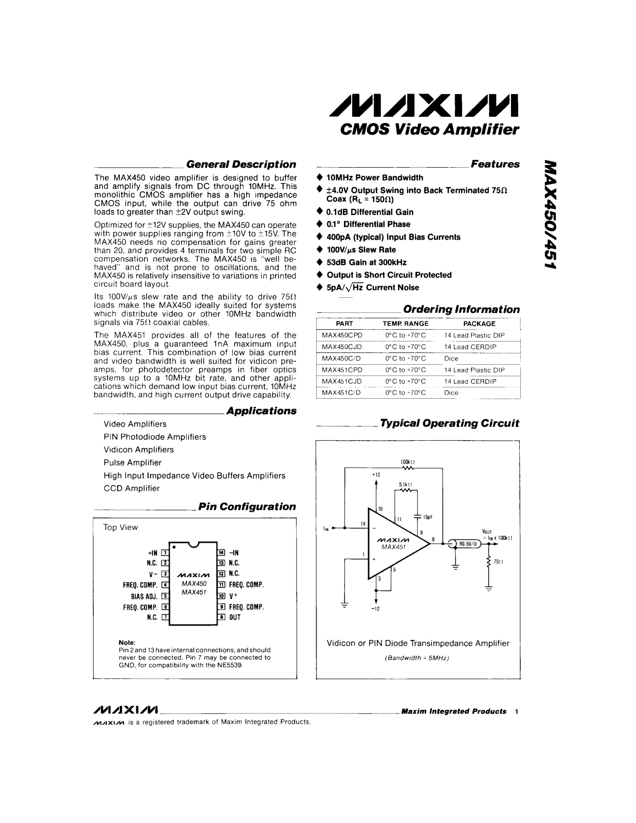 Maxim MAX451C-D, MAX451CJD, MAX450CPD, MAX450CJD, MAX450C-D Datasheet