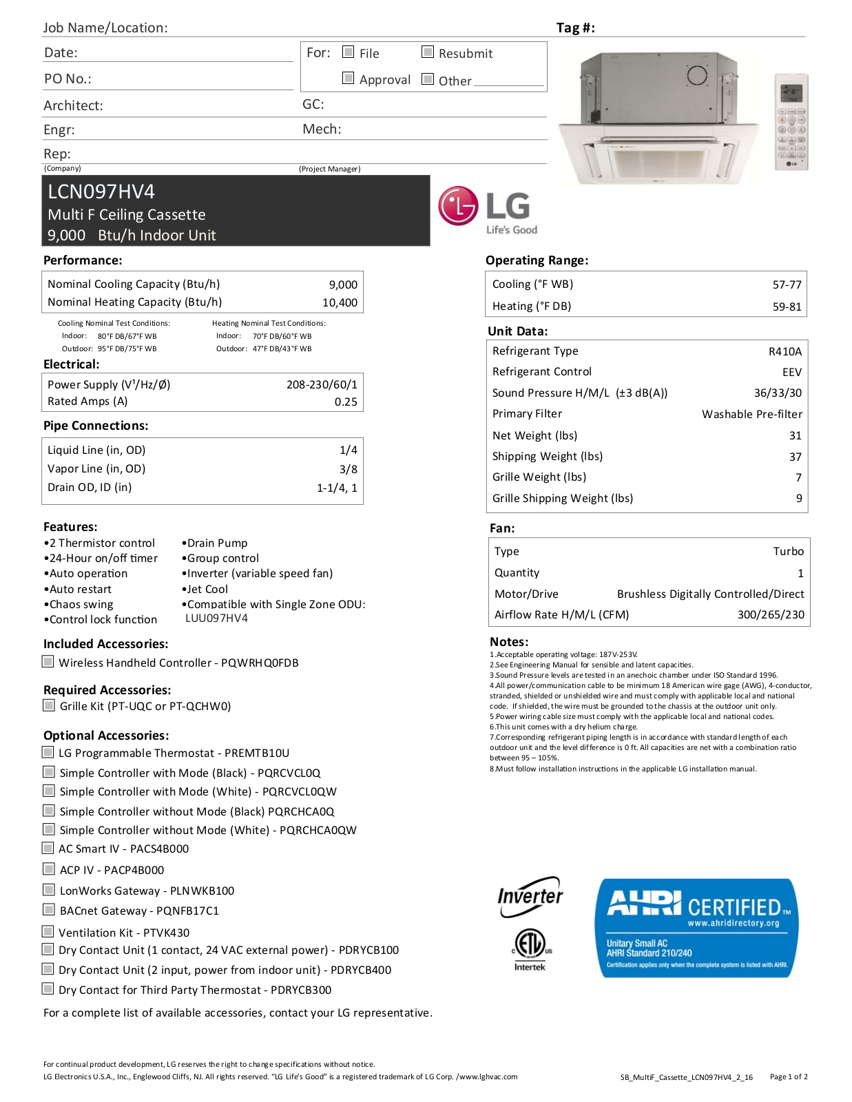 LG LCN097HV4 Specifications