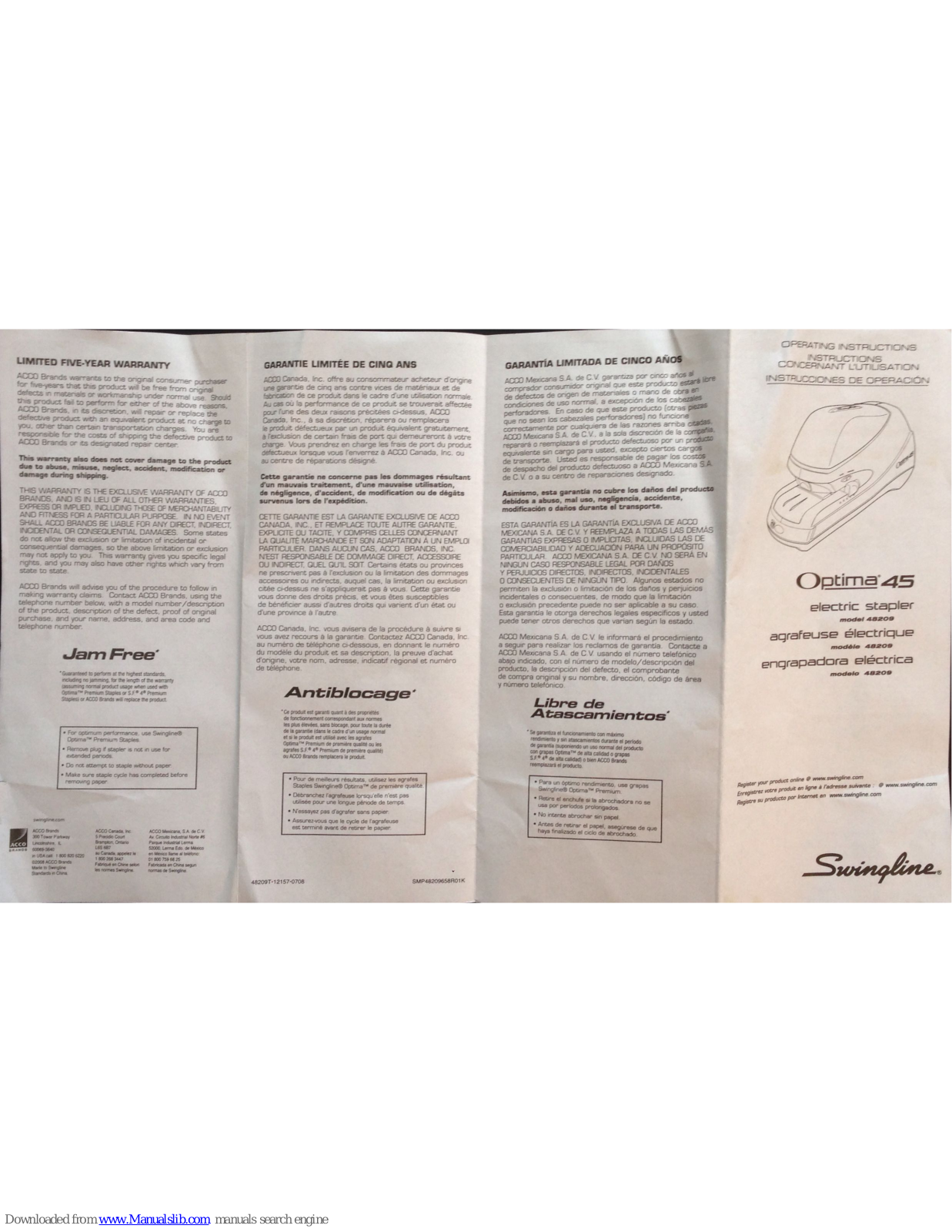 Swingline Optima45 48209 Operating Instructions Manual