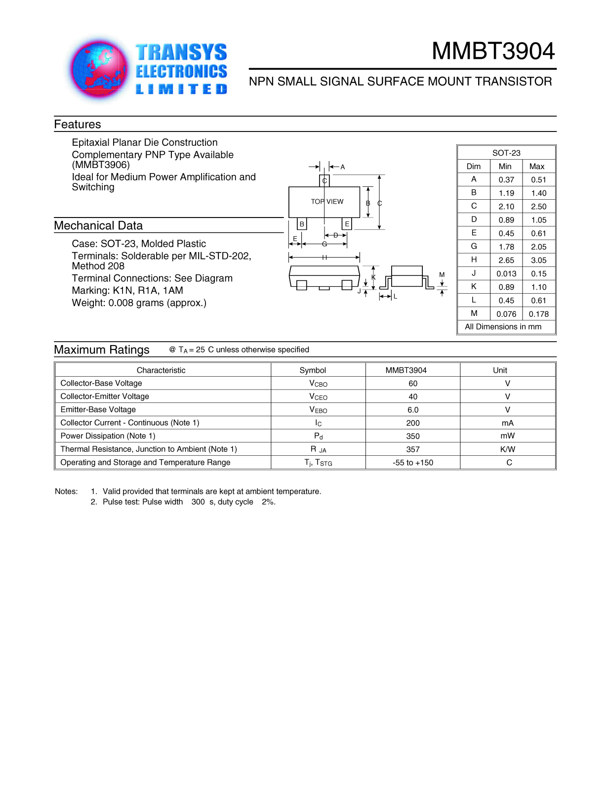 TEL MMBT3904 Datasheet