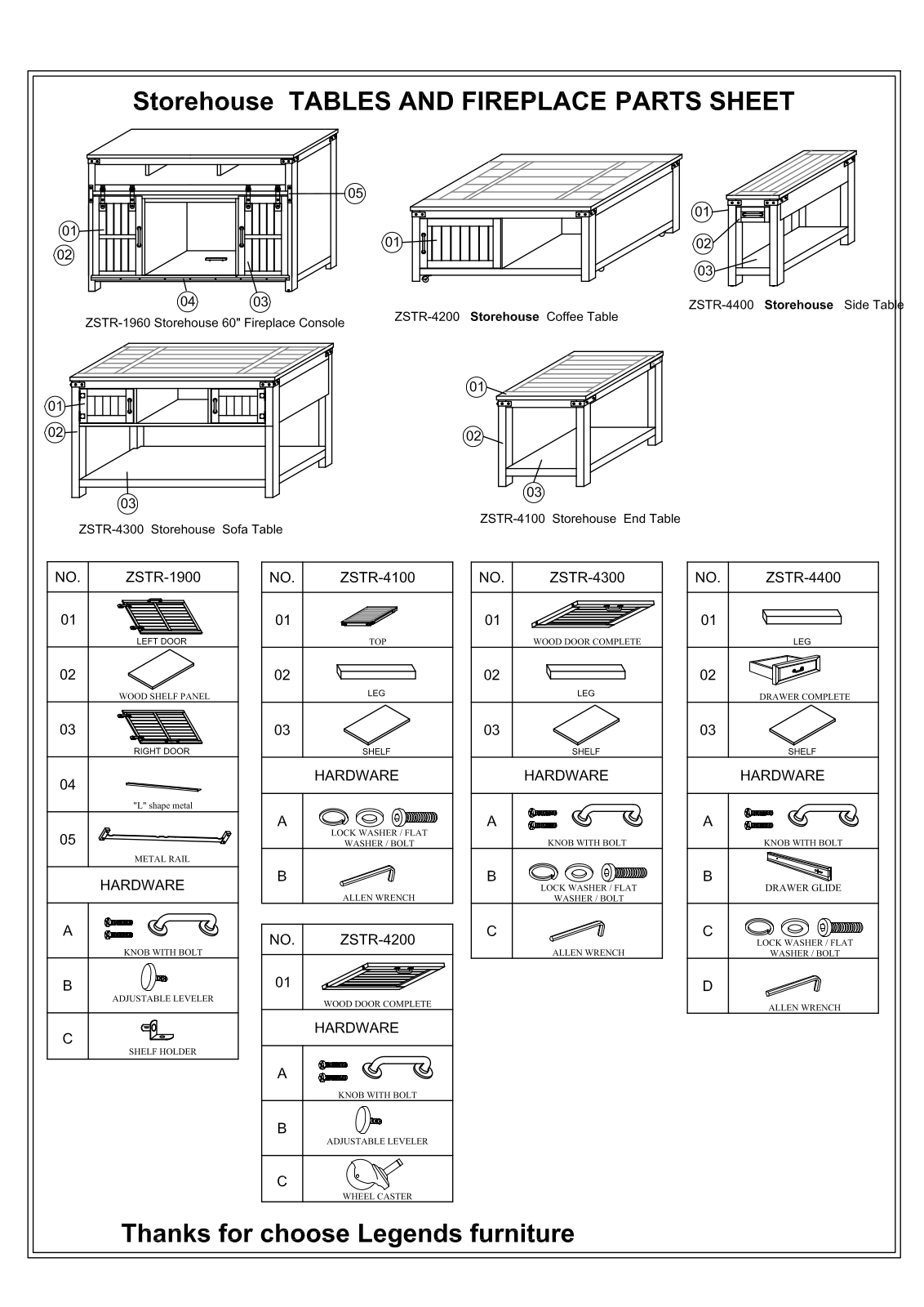 Legends Furniture ZSTR1960, ZSTR4200, ZSTR4300, ZSTR4100, ZSTR4400 Parts Sheet