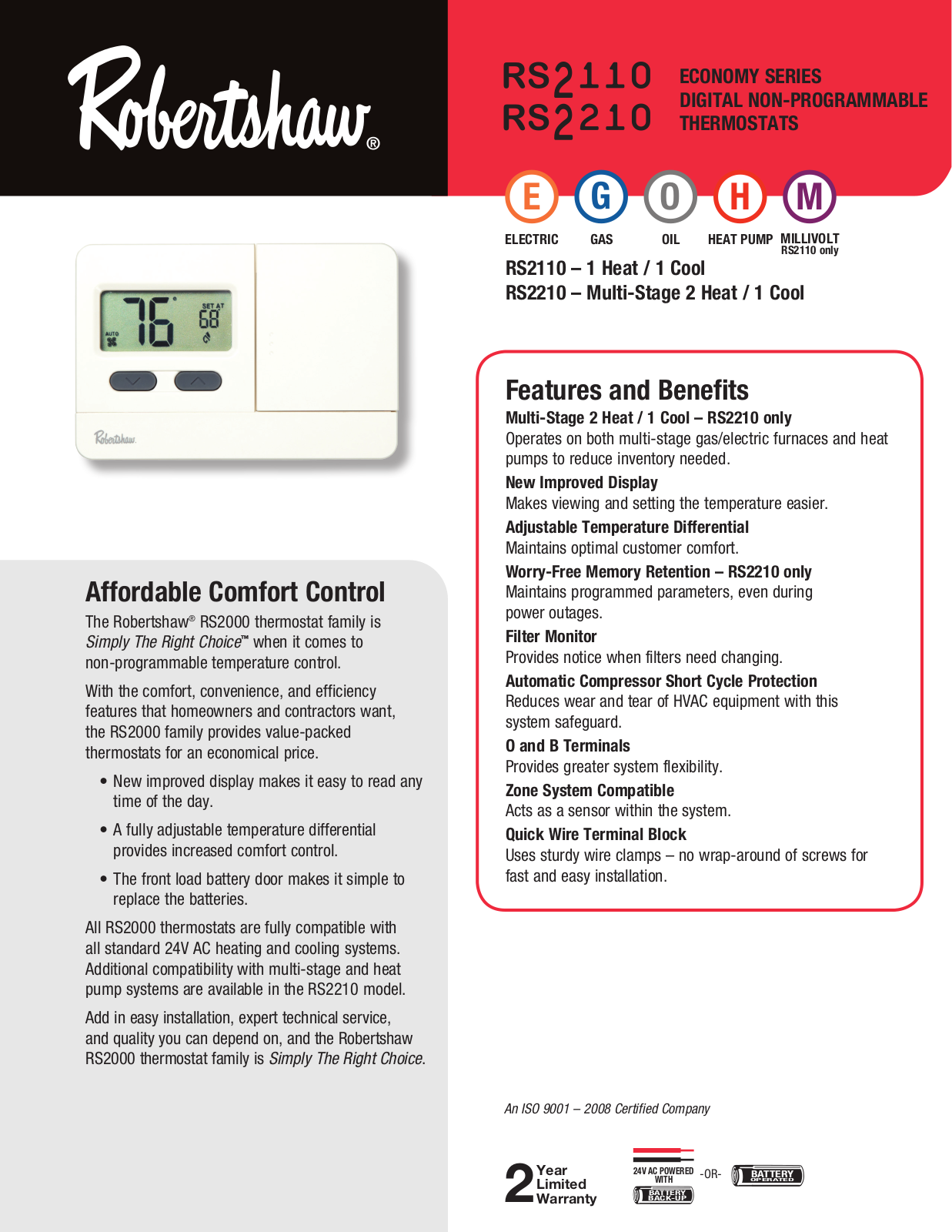 Robertshaw RS2110, RS2210 Sell Sheet