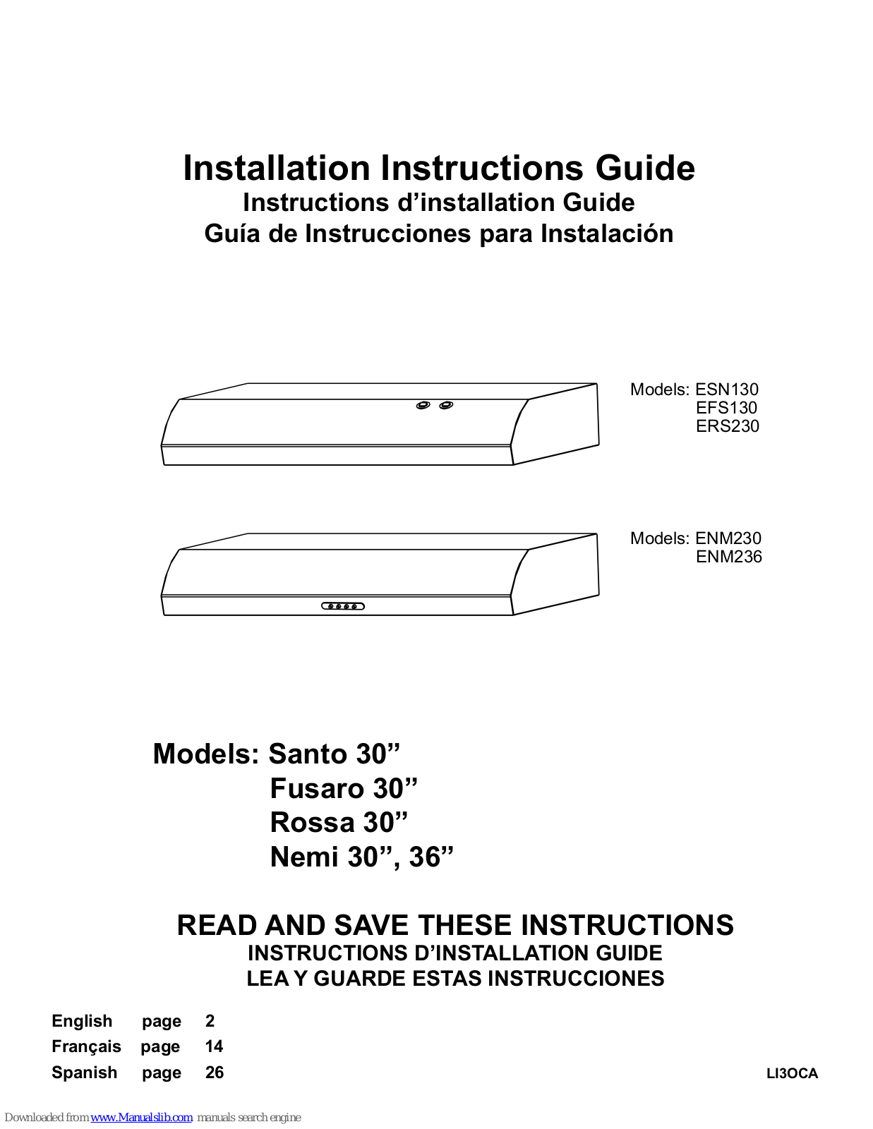 ELICA Santo ESN130, Rossa ERS230, Nemi ENM230, Nemi ENM236, Fusaro EFS130 Installation Instruction Manual