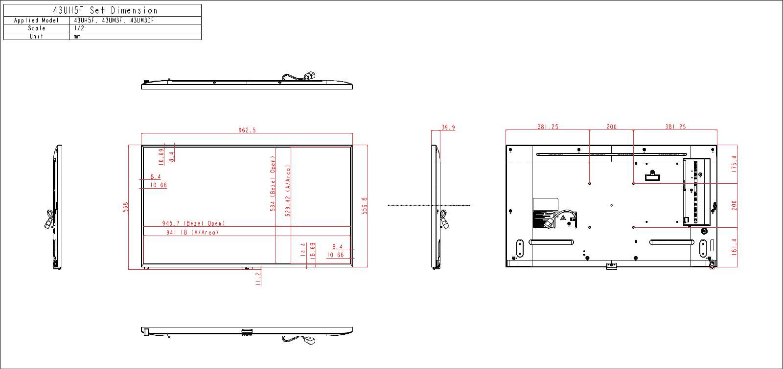 LG 43UH5F Dimensional drawing