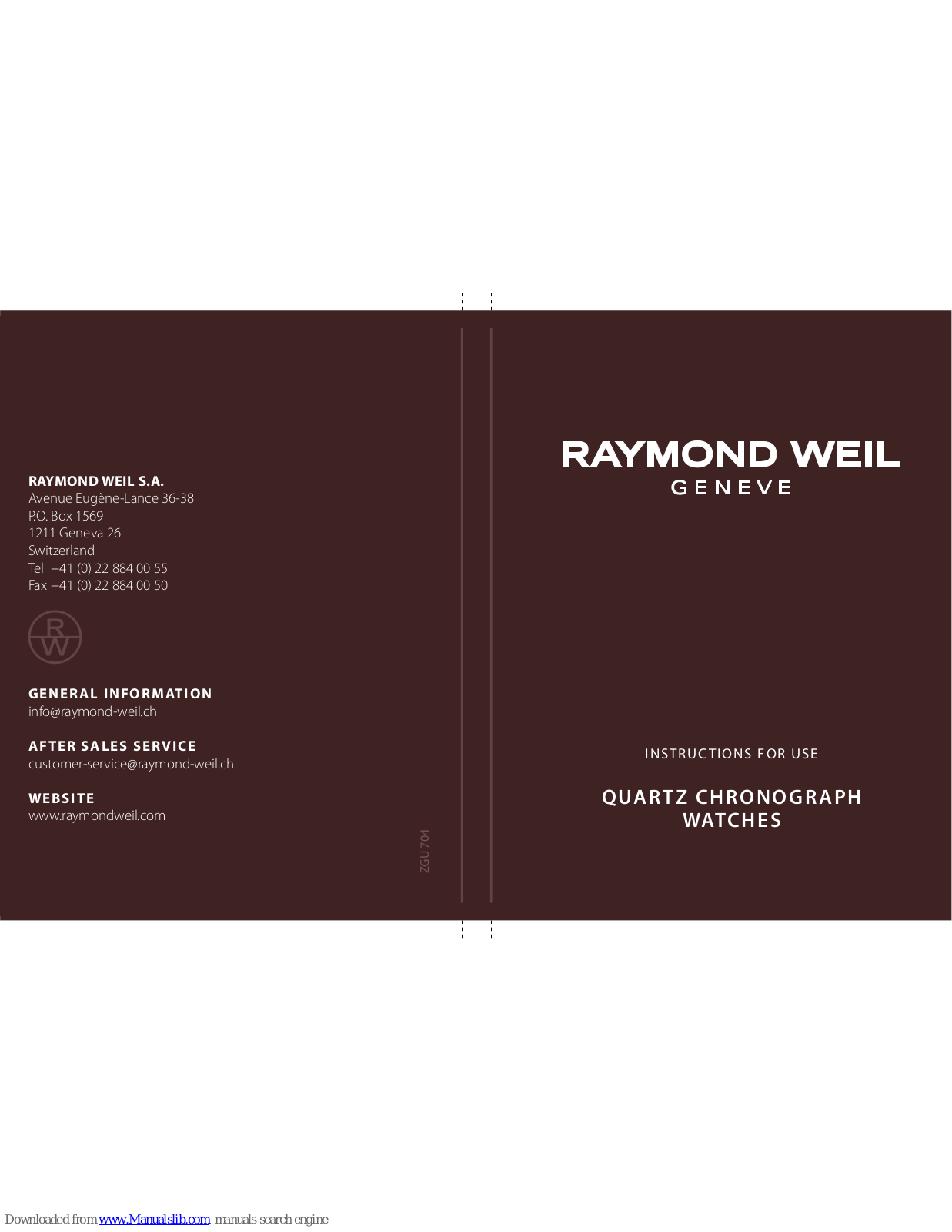 Raymond Weil ZGU 704 Instructions For Use Manual