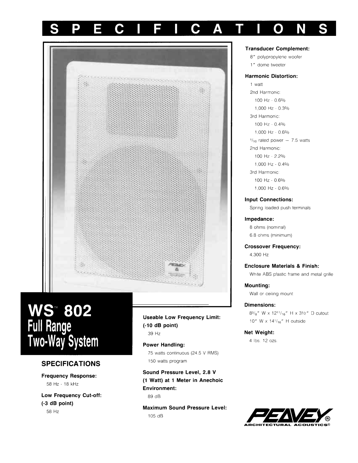 Peavey WS 802 DATASHEET