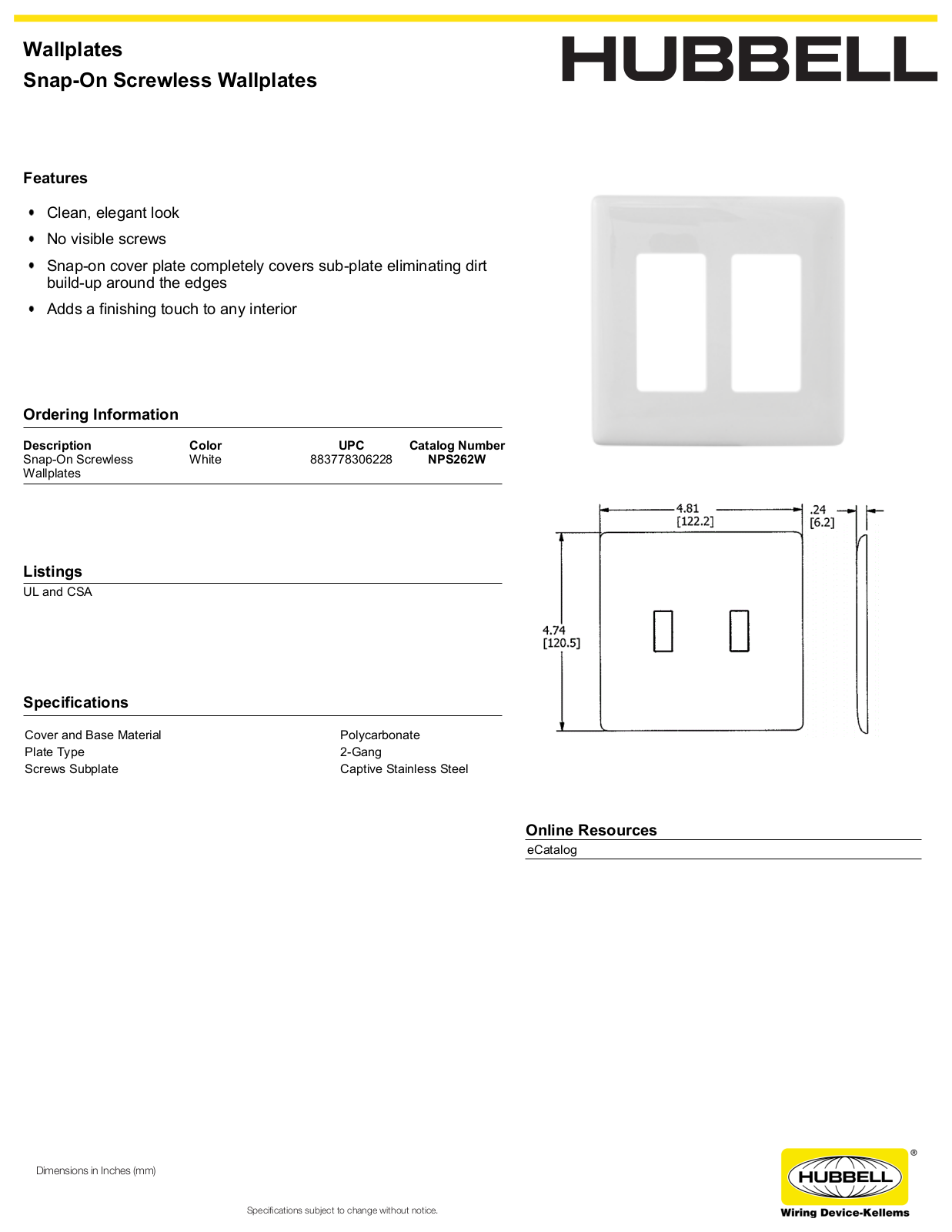 Hubbell NPS262W Specifications