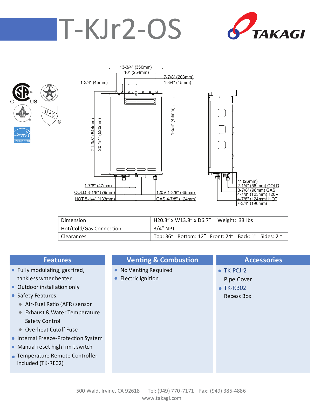 Takagi TKJR2OSLP User Manual