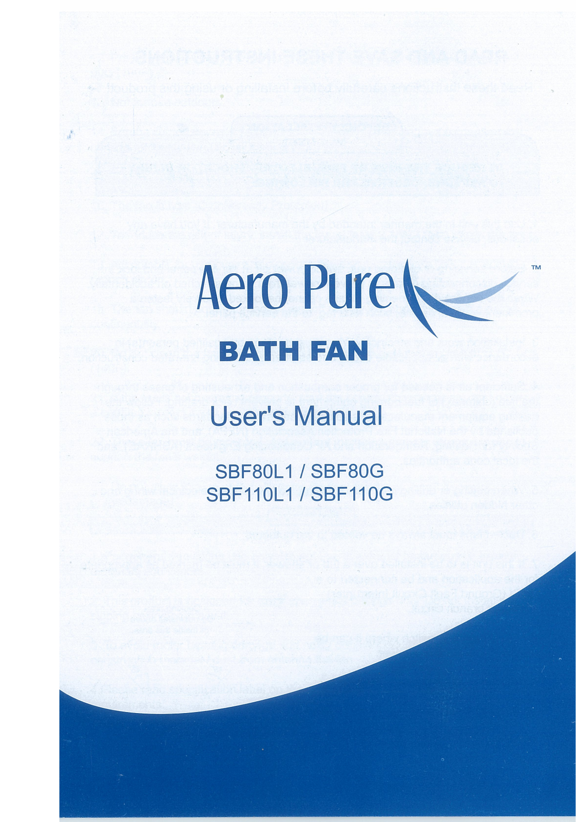 Aero Pure SBF80L1, SBF80F, SBF110L1, SBF110G Installation Manual