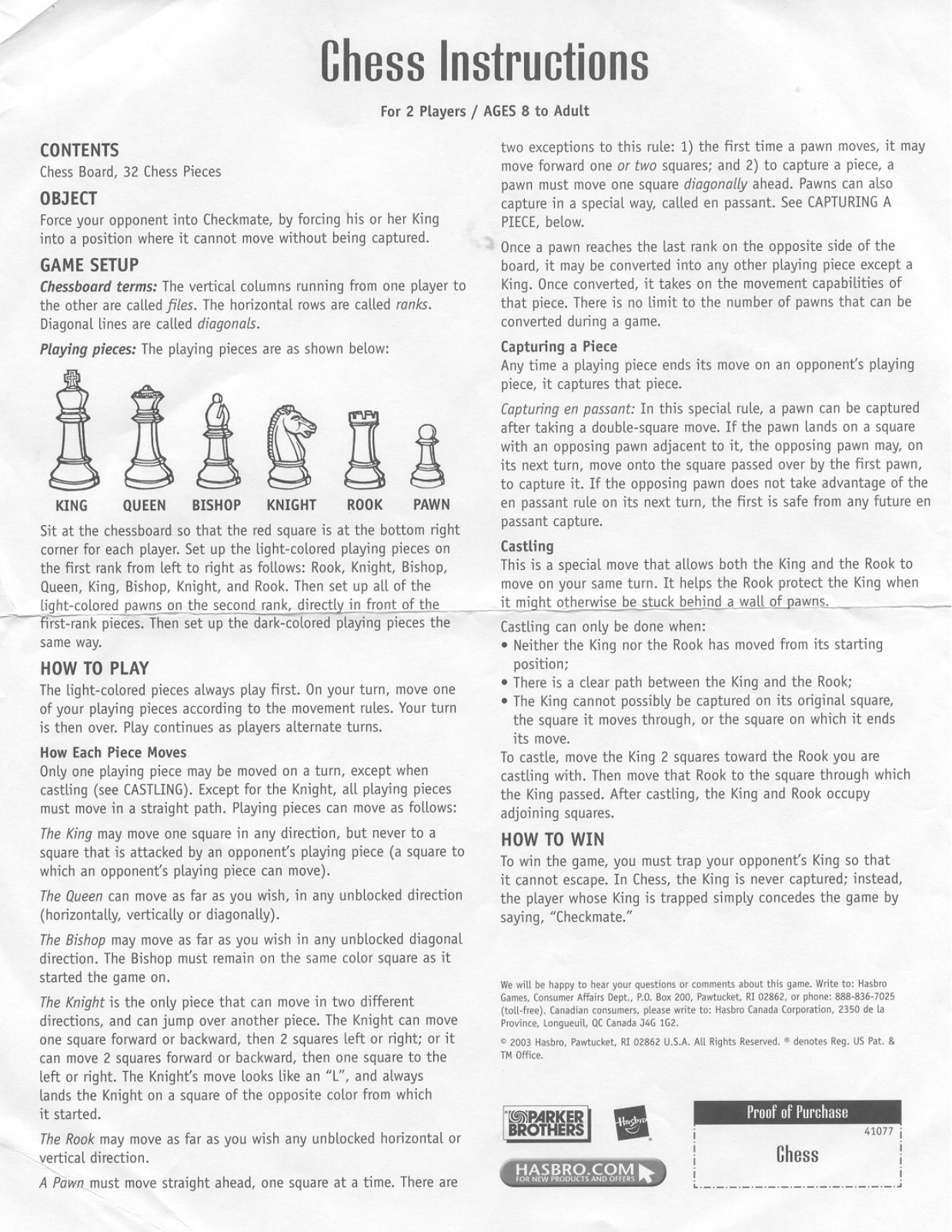 HASBRO Chess 2003 User Manual