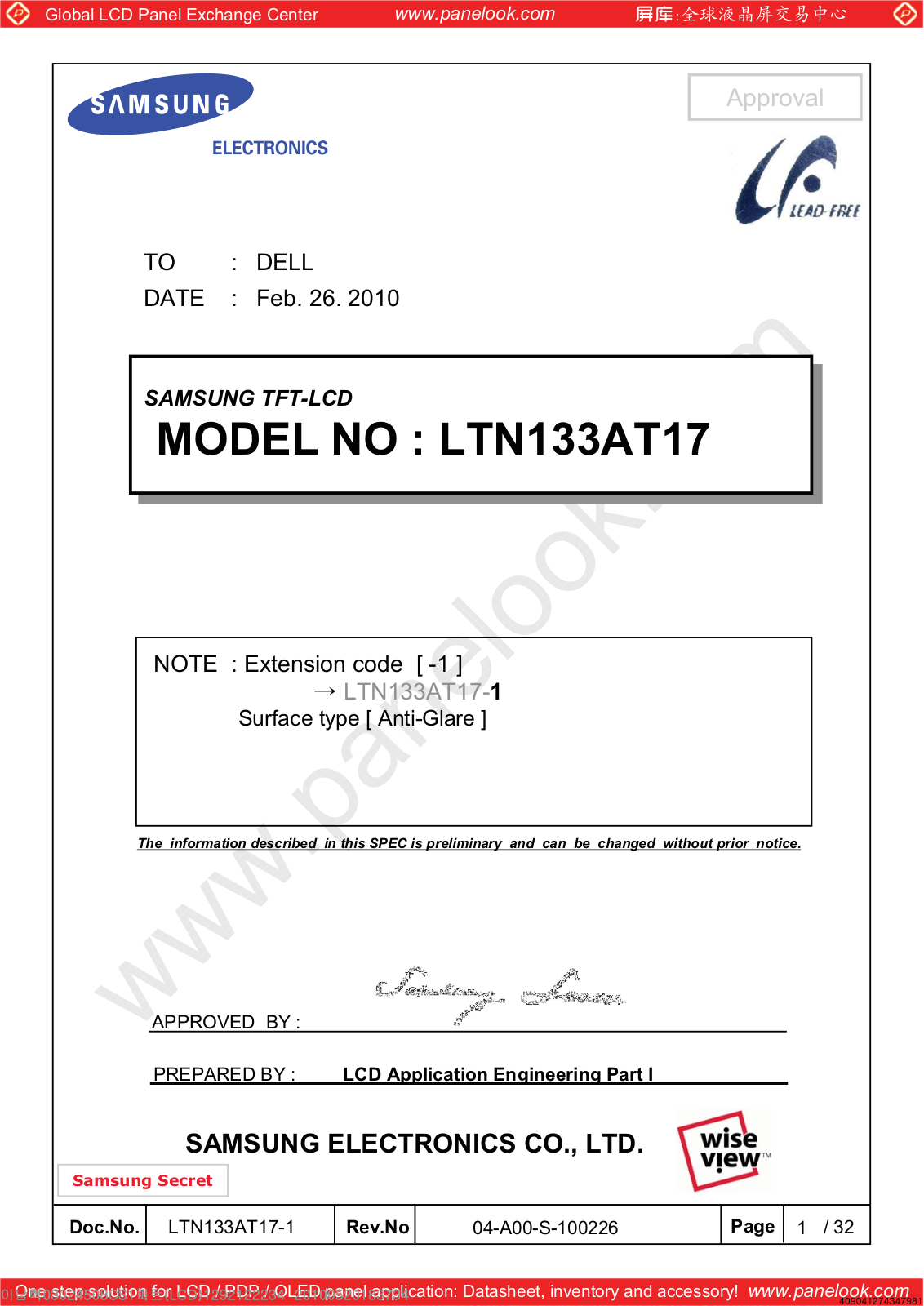 SAMSUNG LTN133AT17-101 Specification