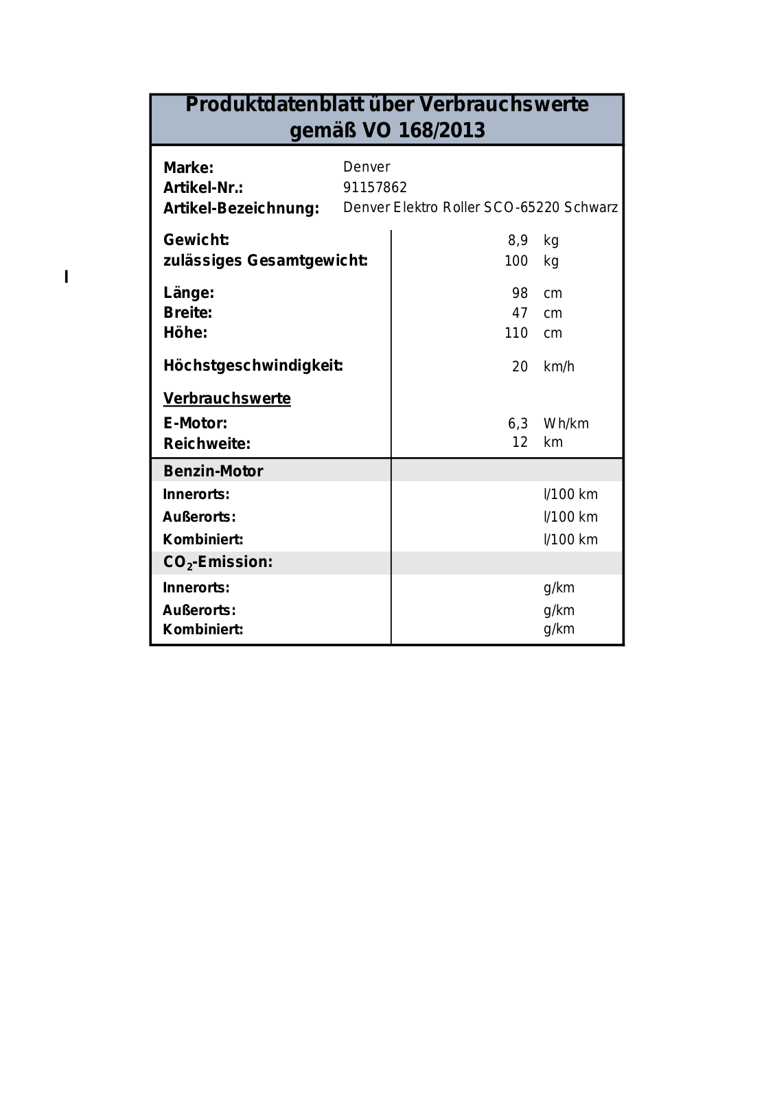 Denver SEL-65220 Technical data