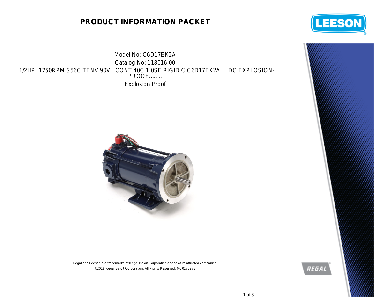 Leeson 118016.00 Product Information Packet