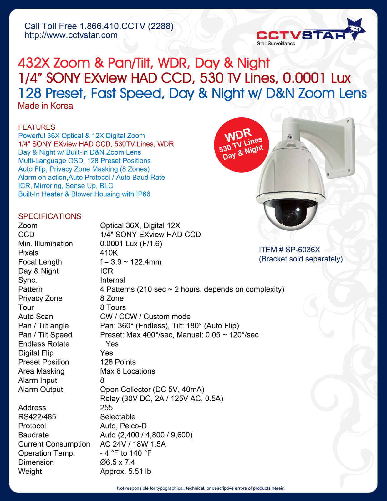 CCTV Star SP-6036X Specsheet