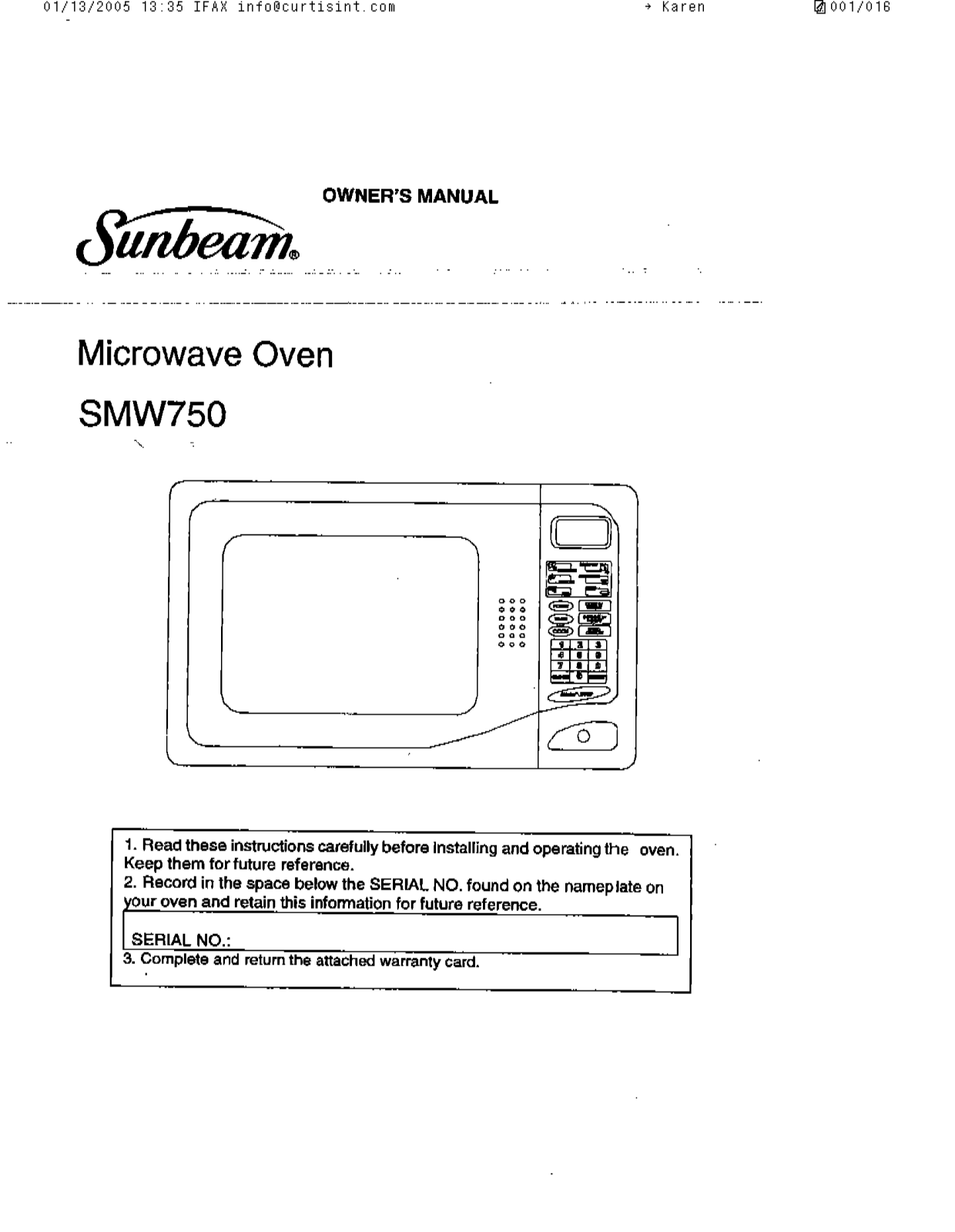 Sunbeam SMW750 Owner's Manual