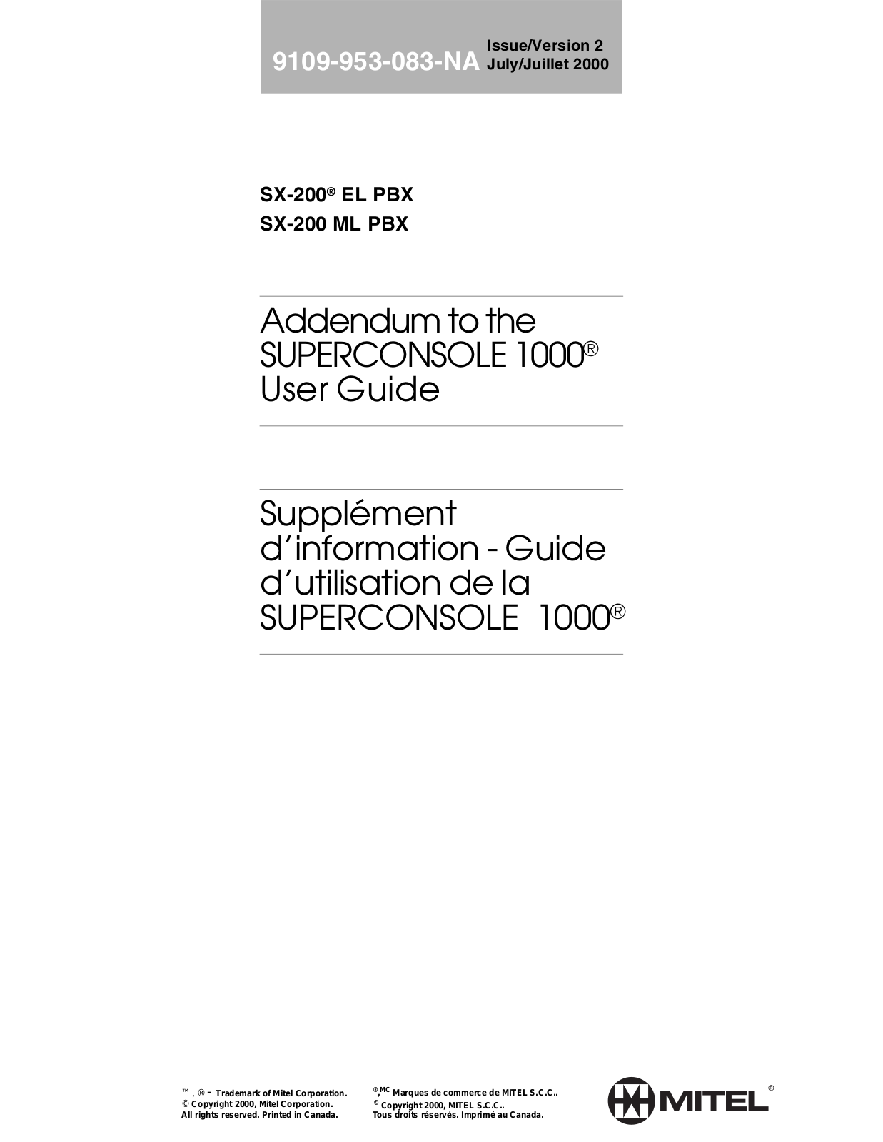 Mitel SX-200 EL PBX, SX-200 ML PBX User Guide