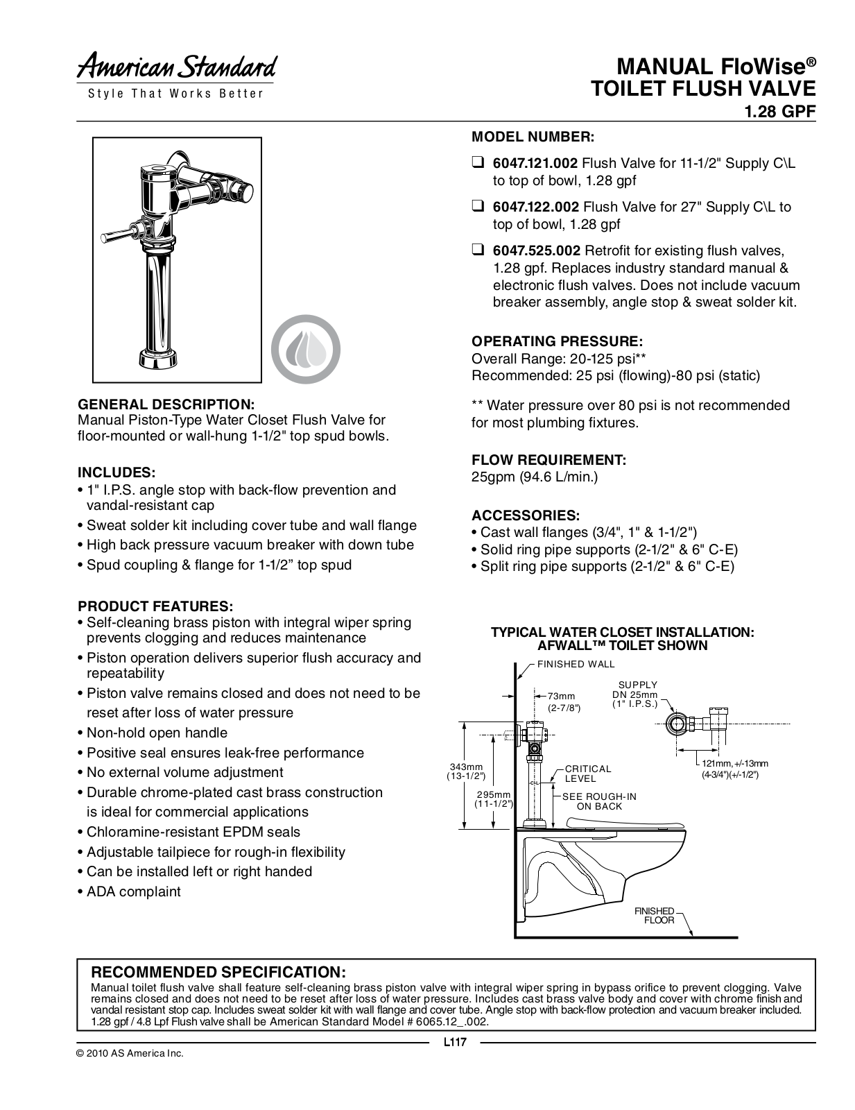 American Standard 6047.121.002, 6047.122.002, 6047.525.002 User Manual