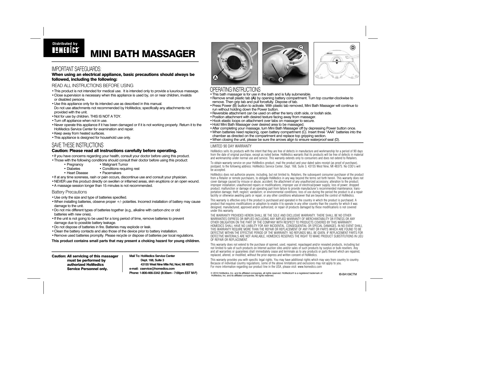 Homedics BA-10, BA-109CTM Instruction Manual