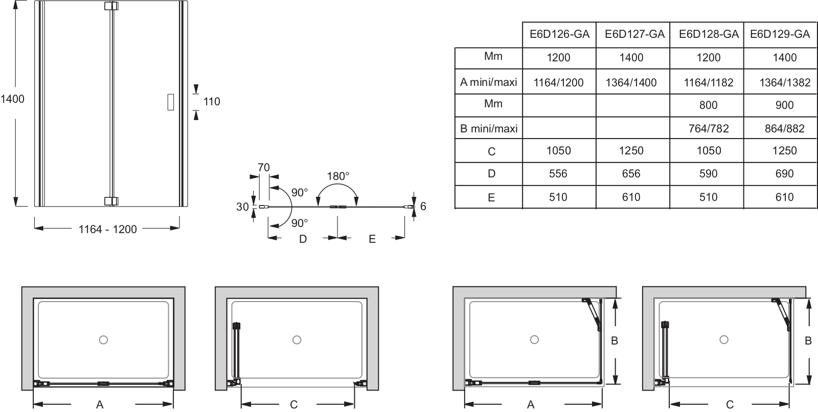 Jacob Delafon CAPSULE E6D129-GA, CAPSULE E6D126-GA, CAPSULE E6D128-GA, CAPSULE E6D127-GA Dimensions