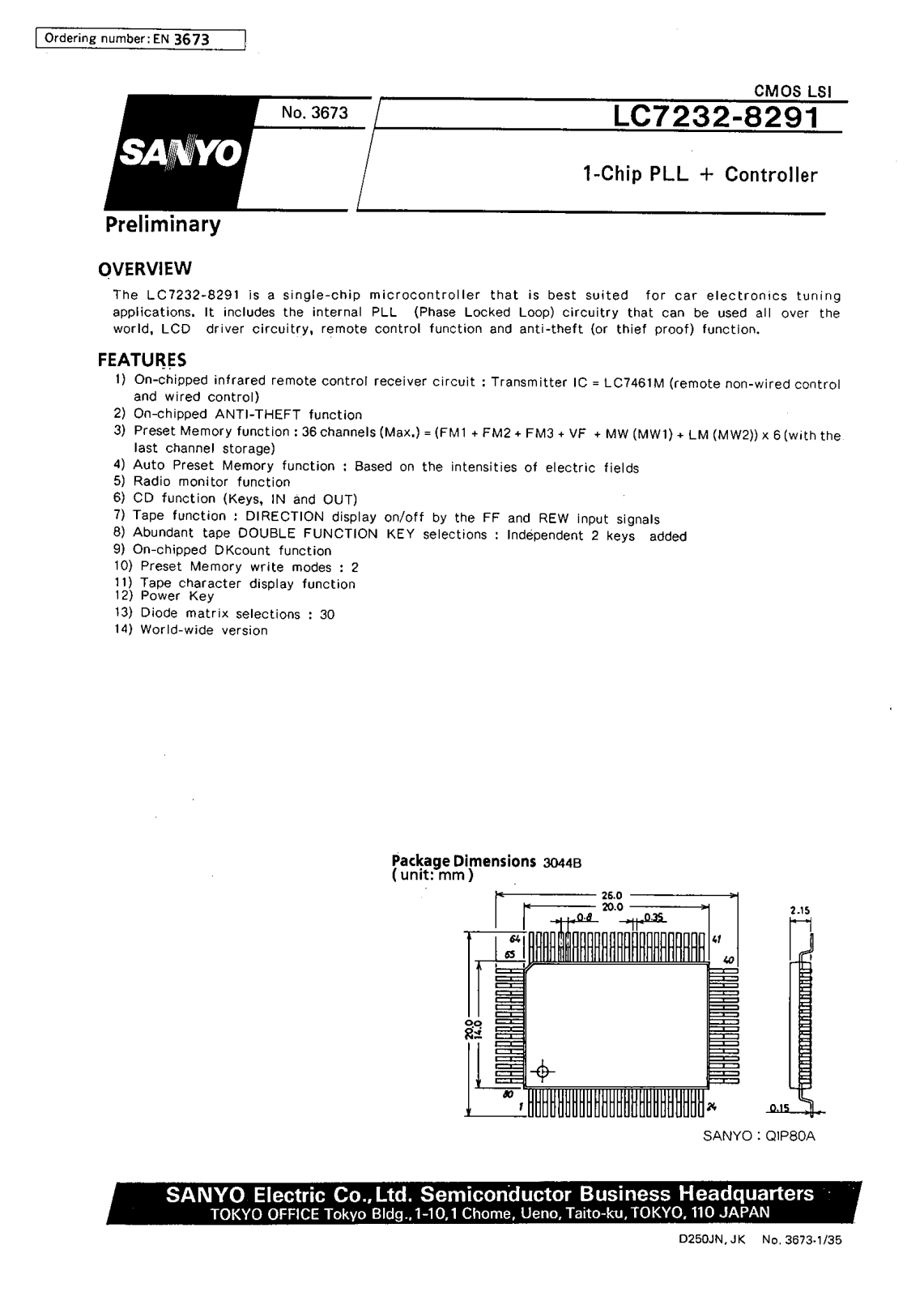 SANYO LC7232-8291 Datasheet