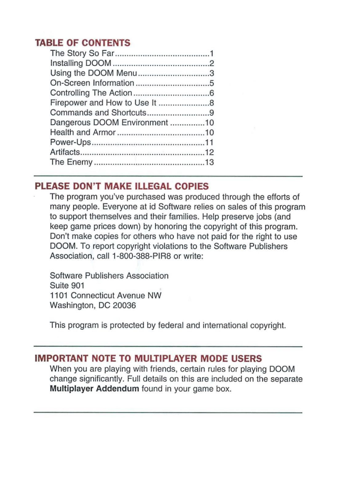 Game PC Doom Instruction Manual