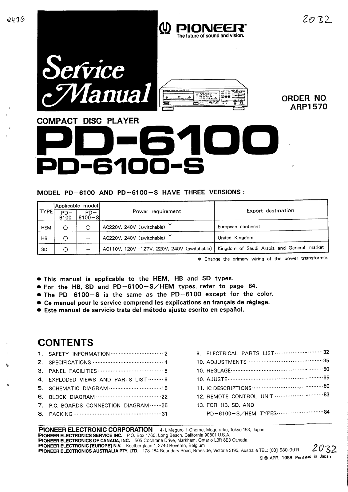 Pioneer PD-6100, PD-6100-S Service manual