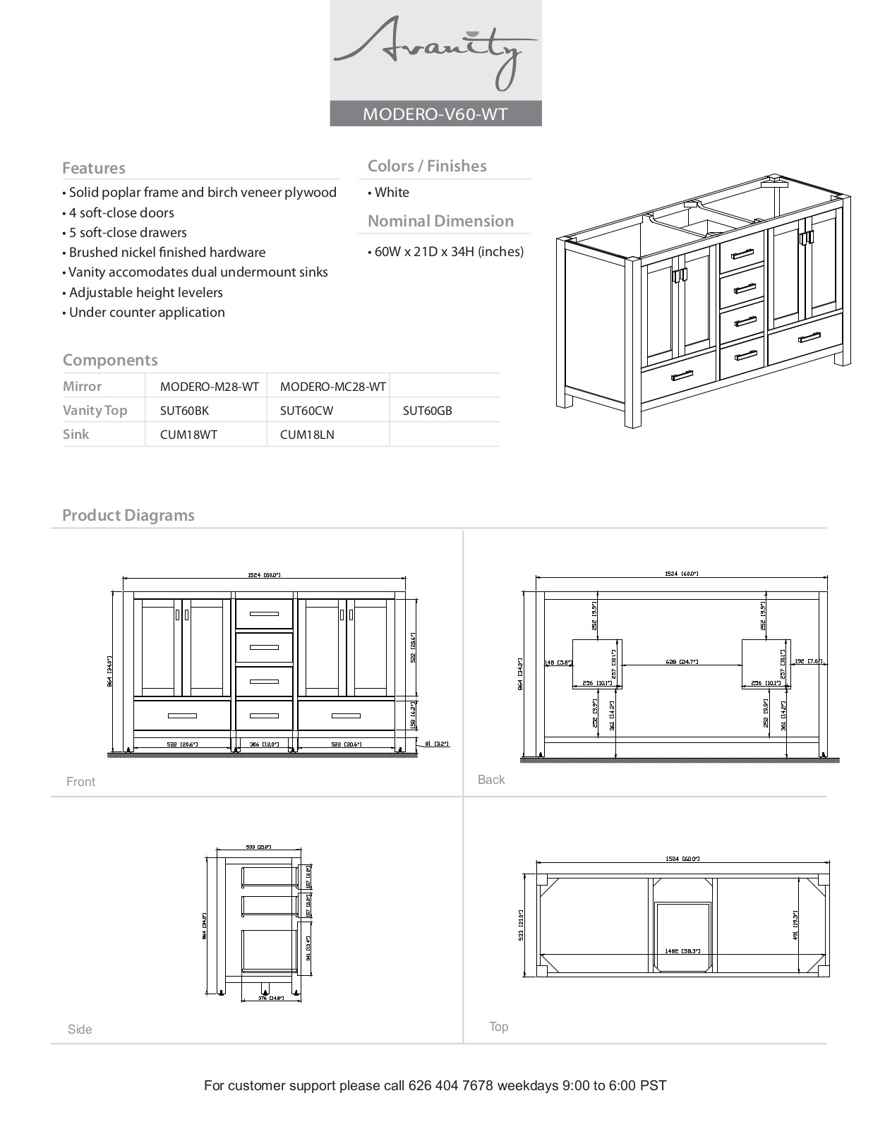 Avanity MODEROV60WT, MODEROVS60WTC Specifications