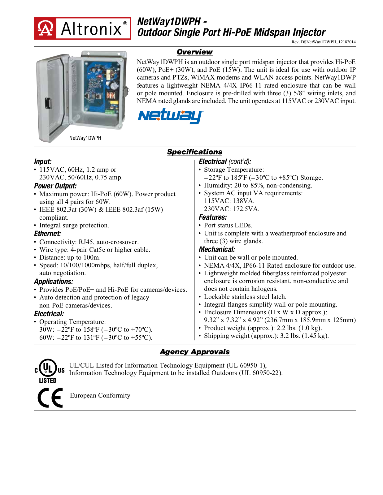 Altronix NETWAY1DWPH Specsheet