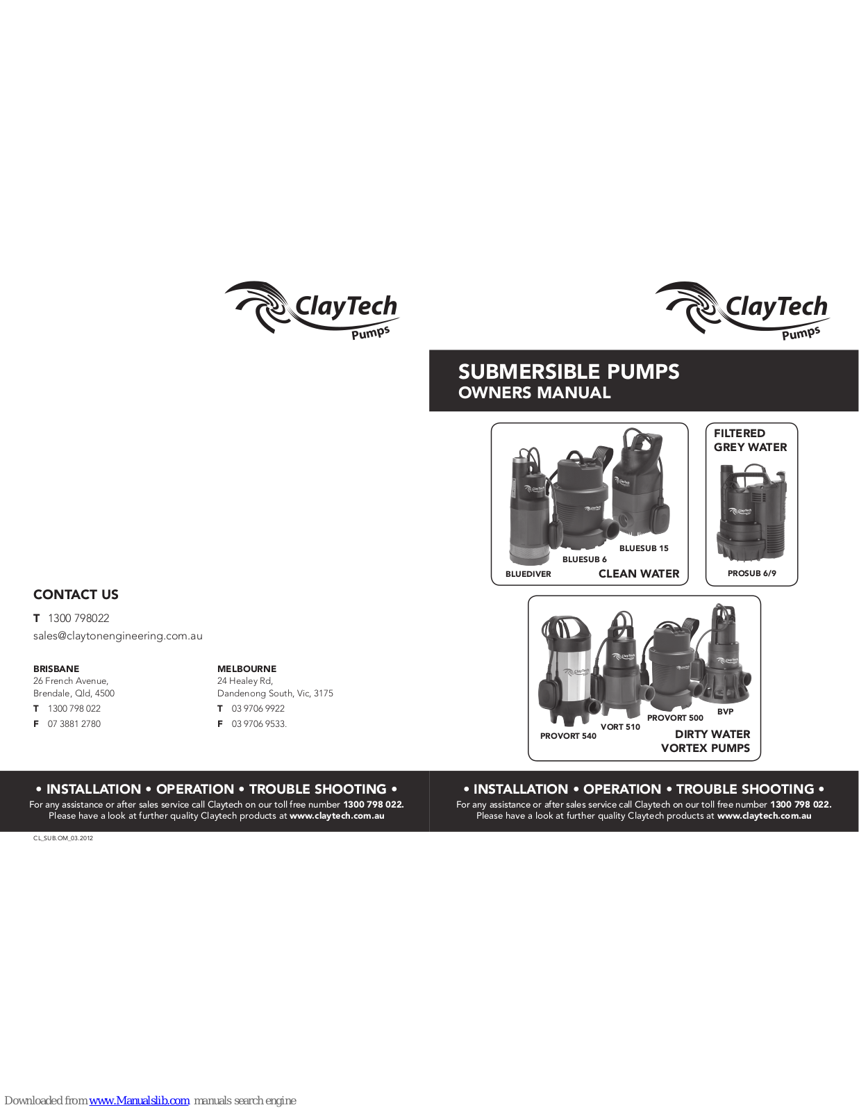 ClayTech PROSUB 6, PROSUB 9, PROVORT 540, PROVORT 500, BVP Owner's Manual