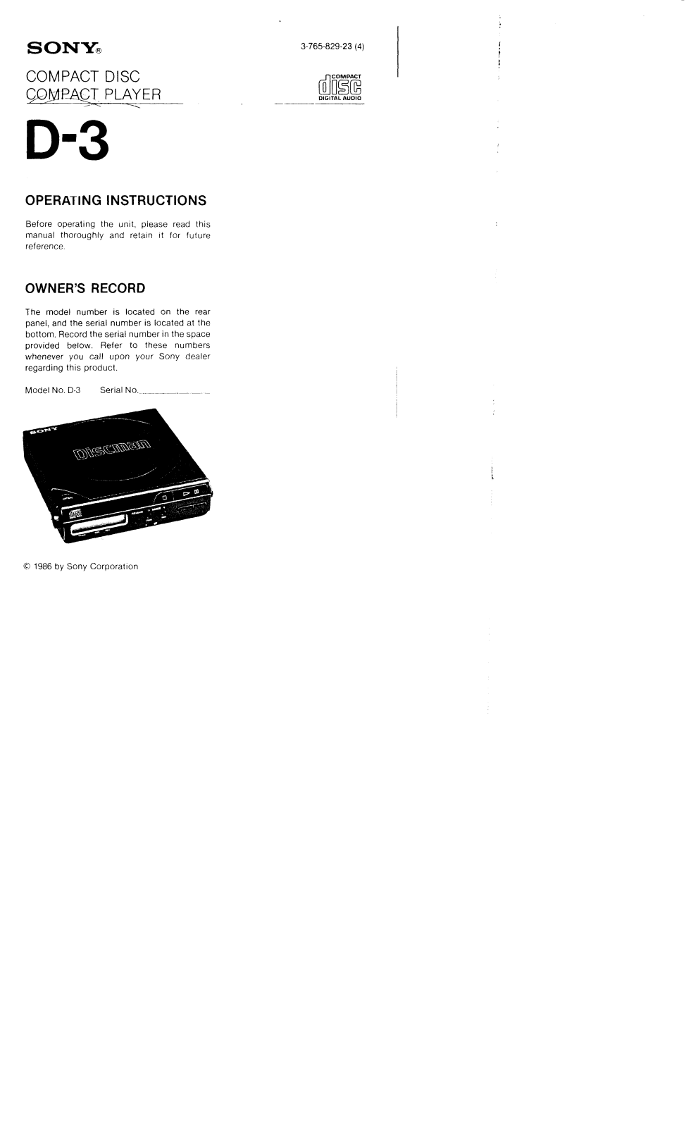 Sony D3 Operating Instructions