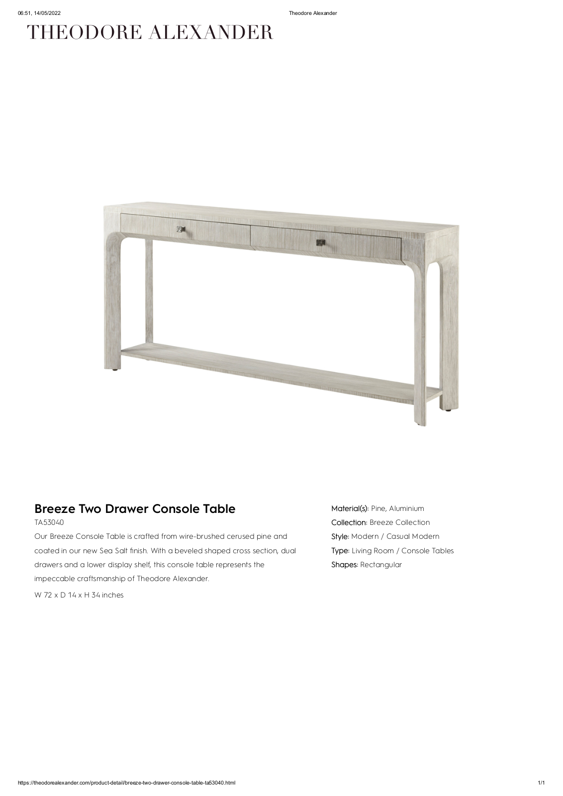 Theodore Alexander FPLJ6653 Specifications - ManualMachine.com