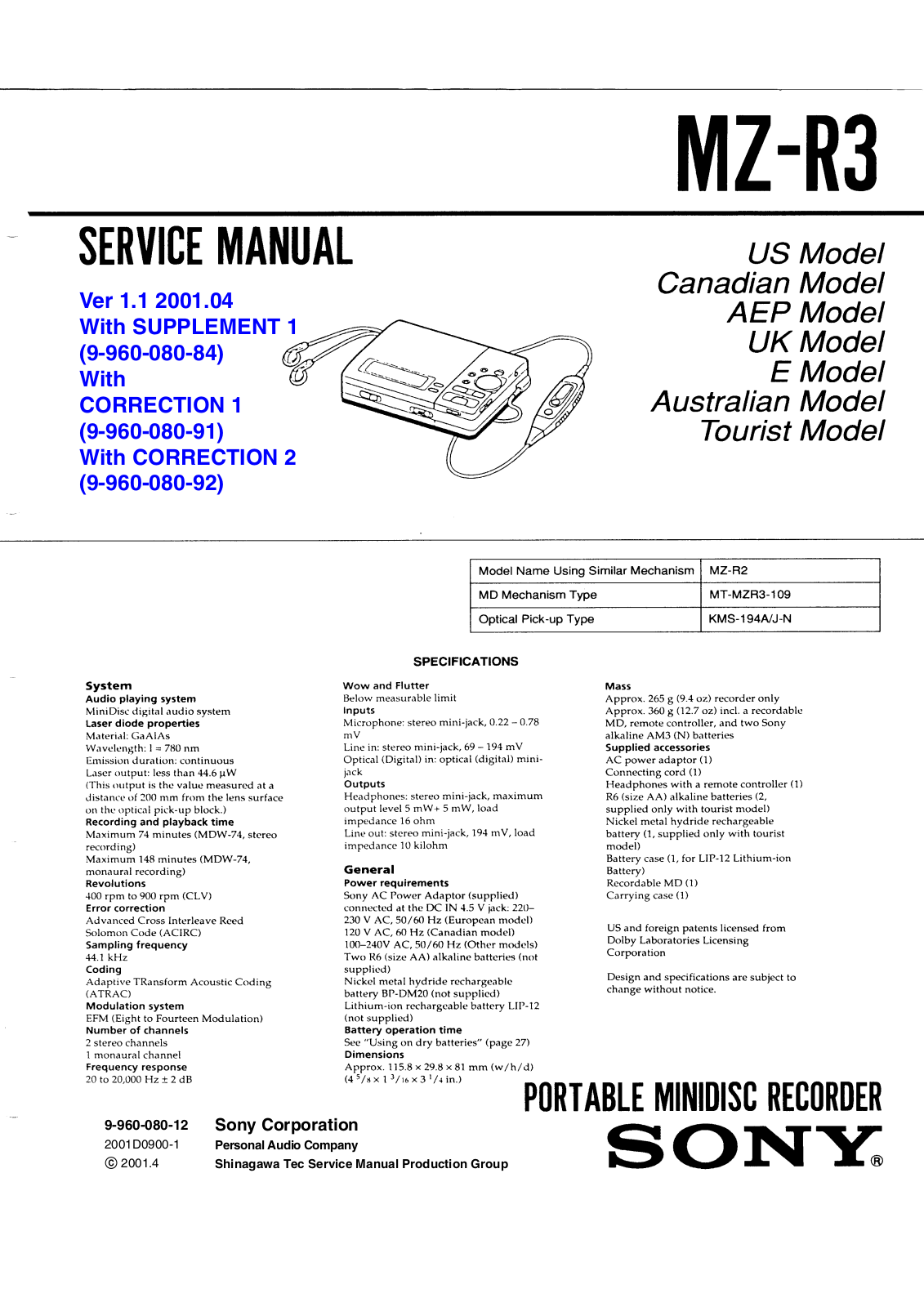 Sony MZ-R3 Service manual