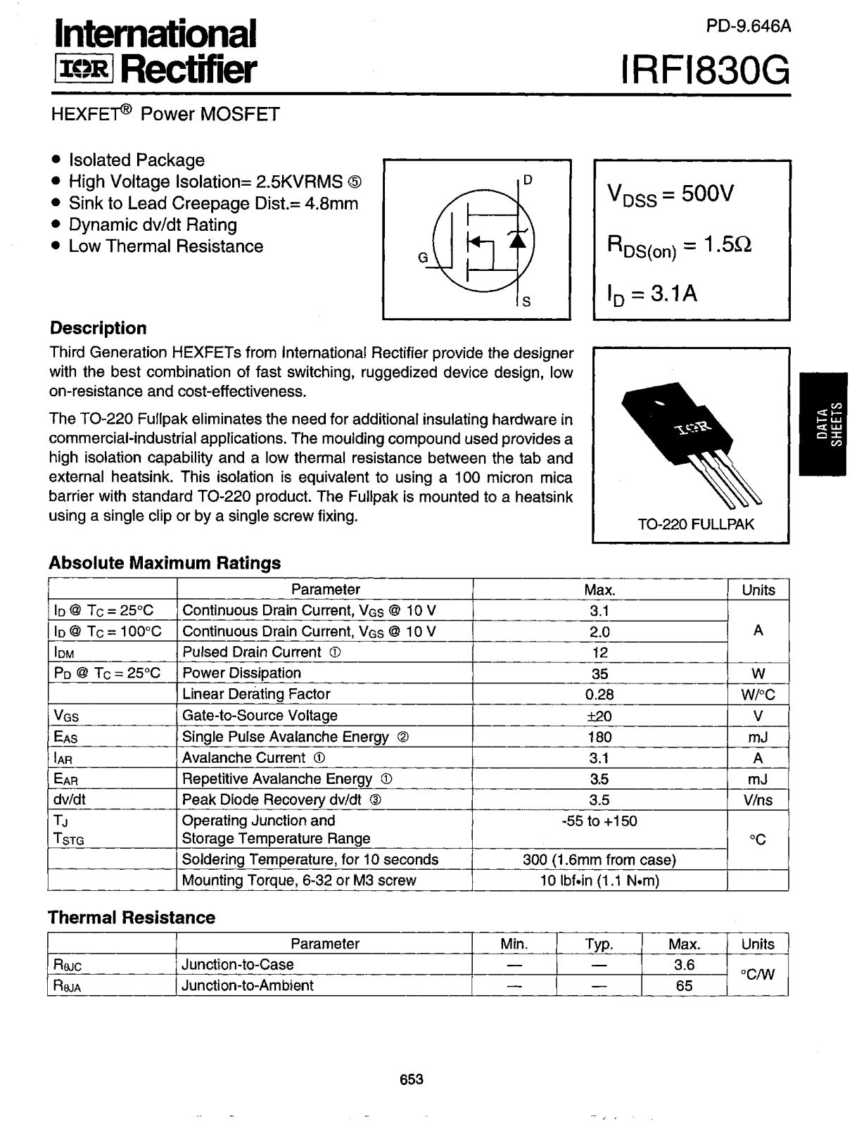 International Rectifier IRFI830G Datasheet