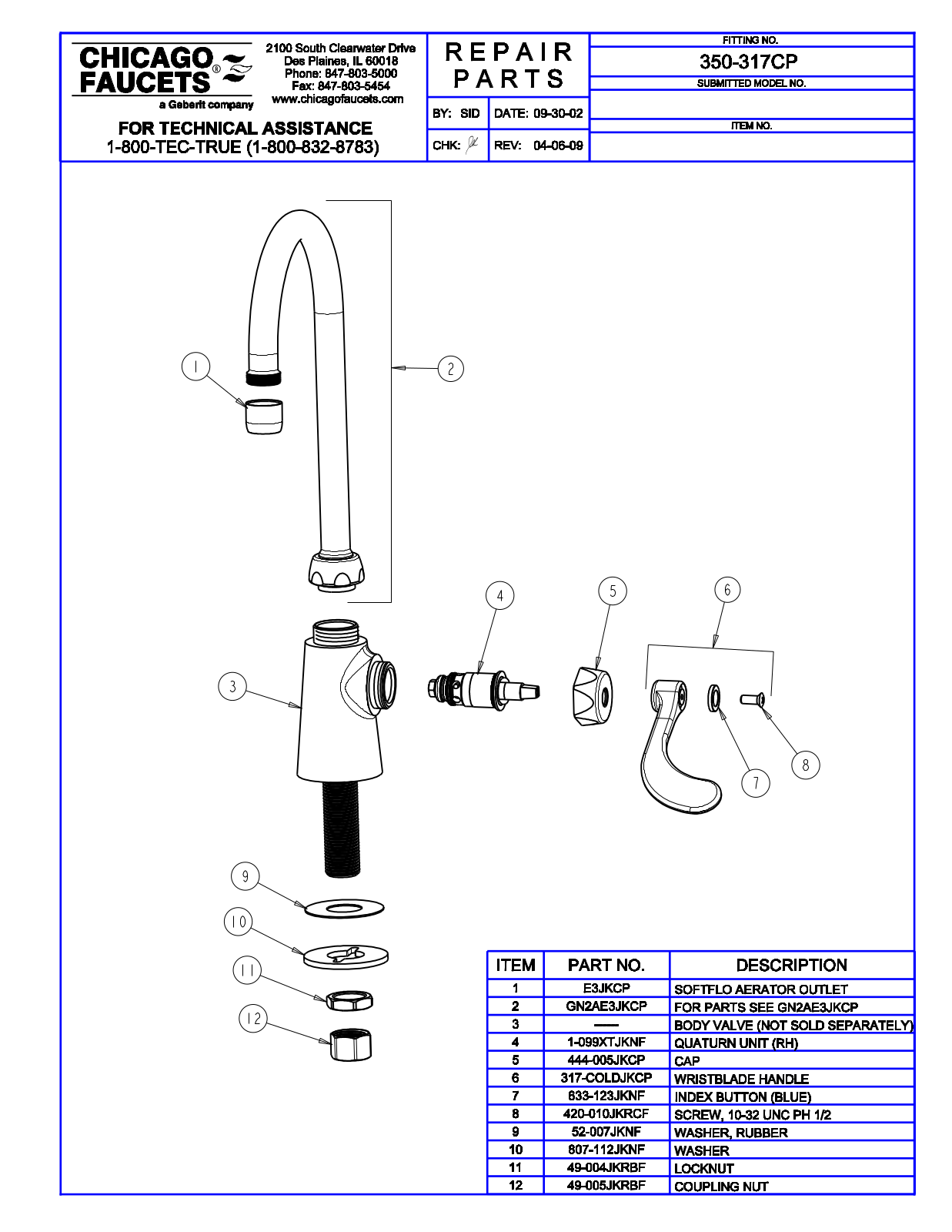 Chicago Faucet 350-317CP Parts List