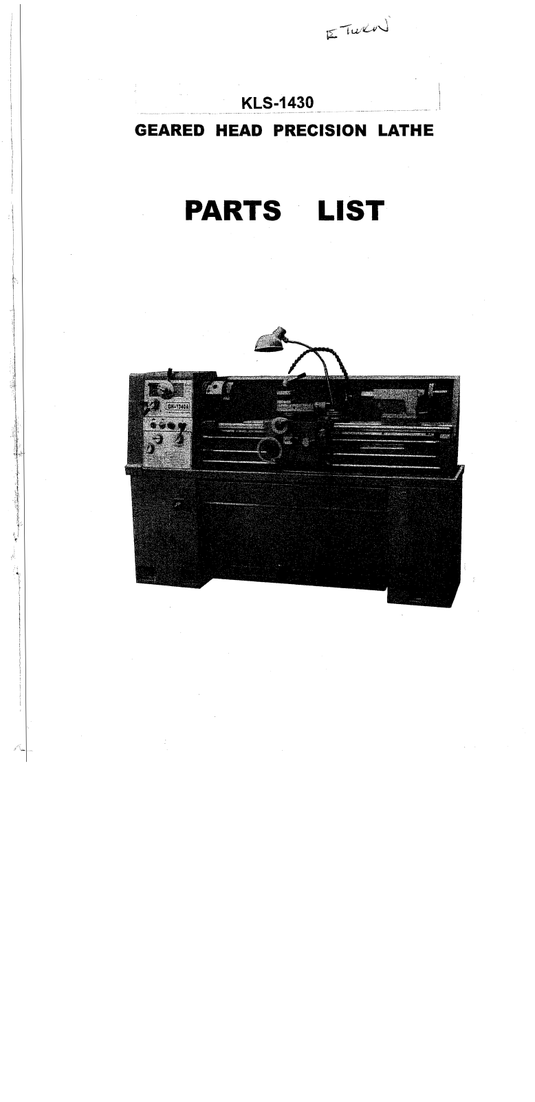 xyz machine tools KLS-1430 Parts List