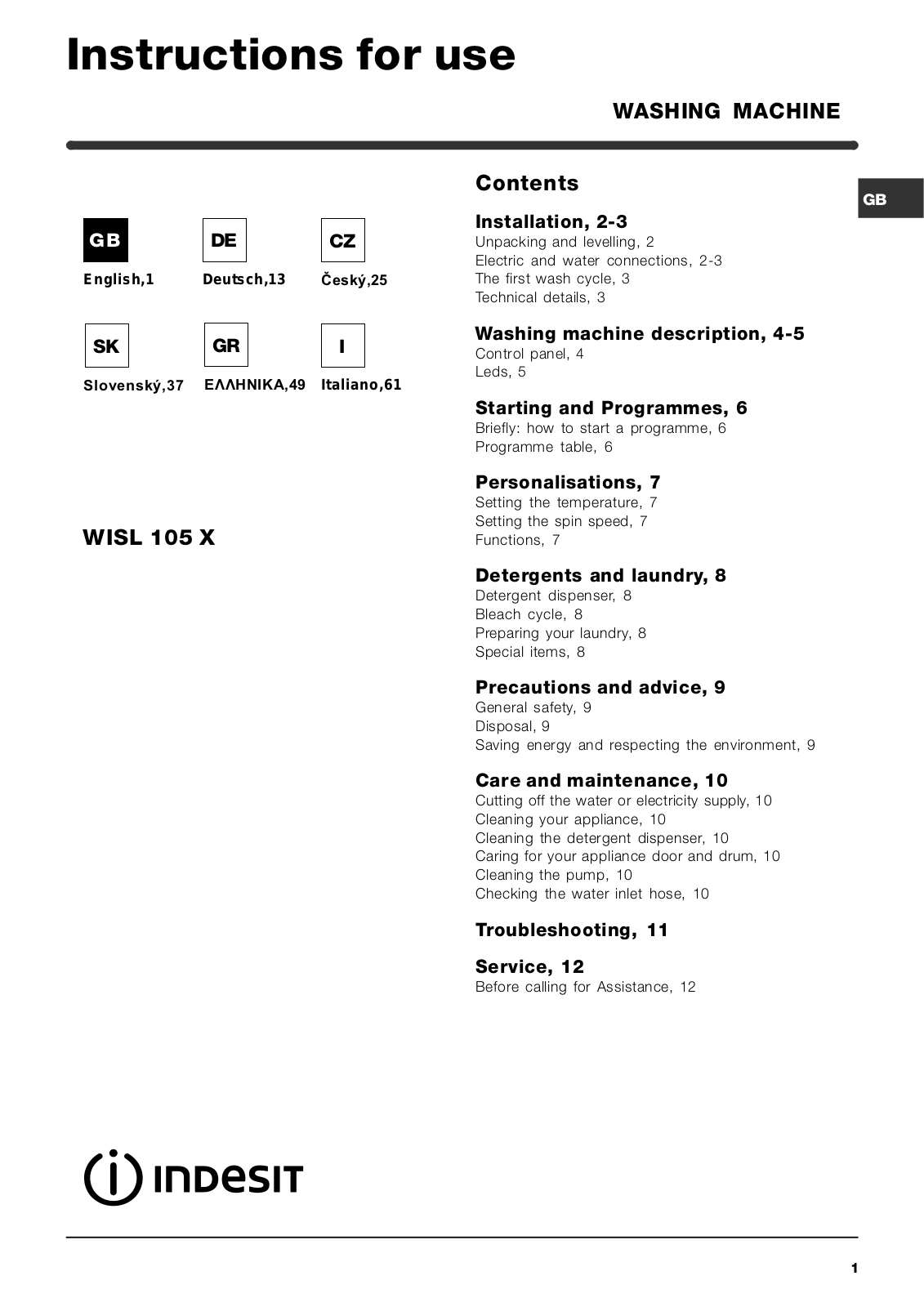 Indesit WISL 105, WISL 105 X User Manual