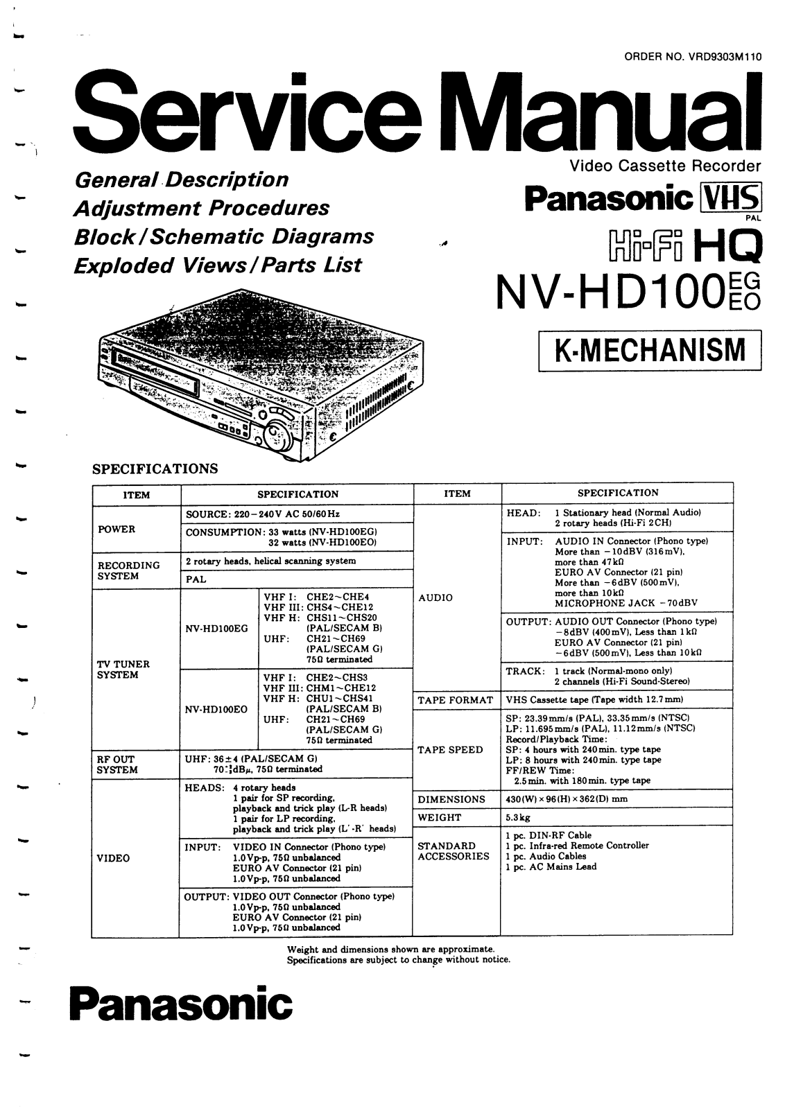 Panasonic NV-HD100 Service Manual