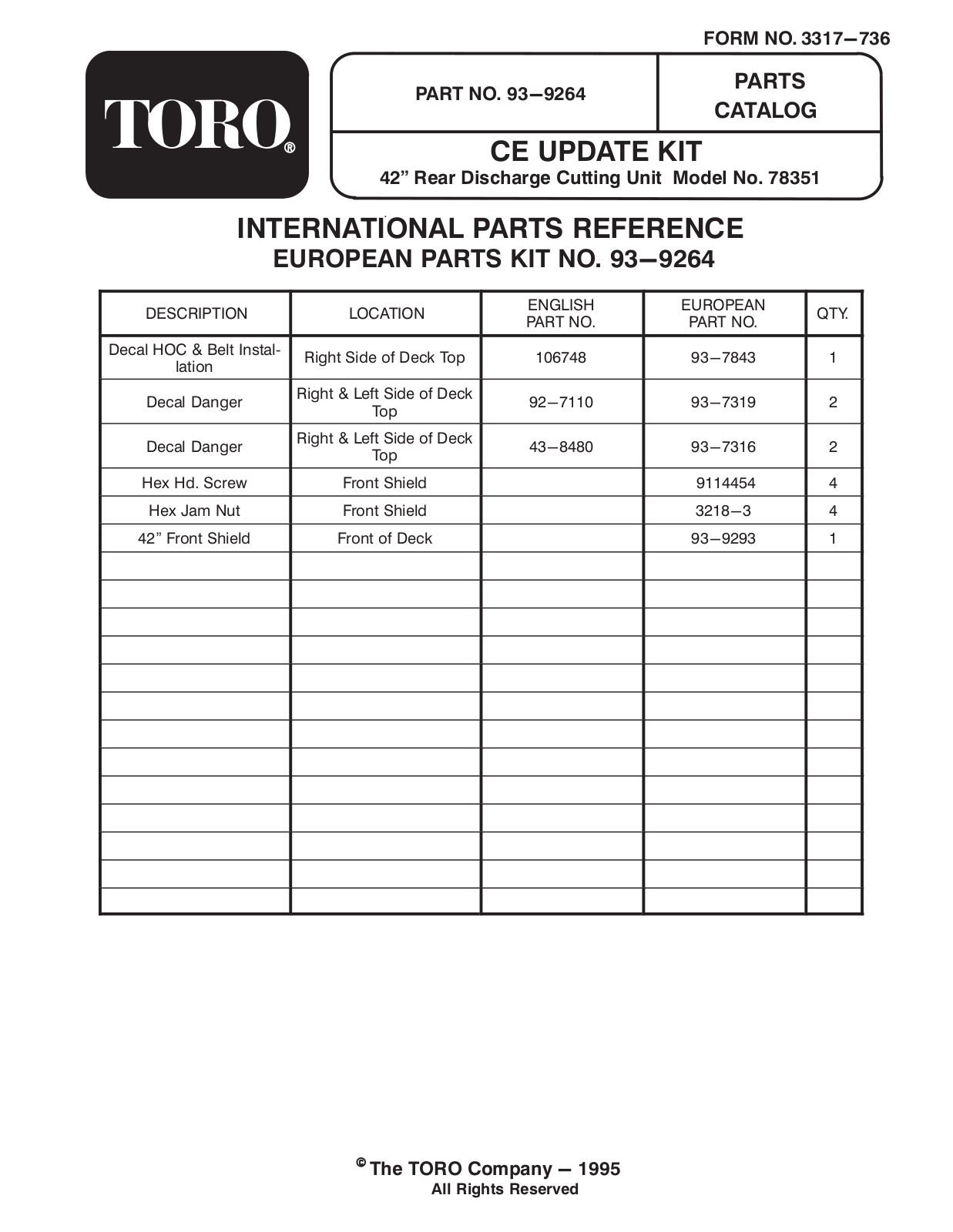 Toro 93-9264 Parts Catalogue