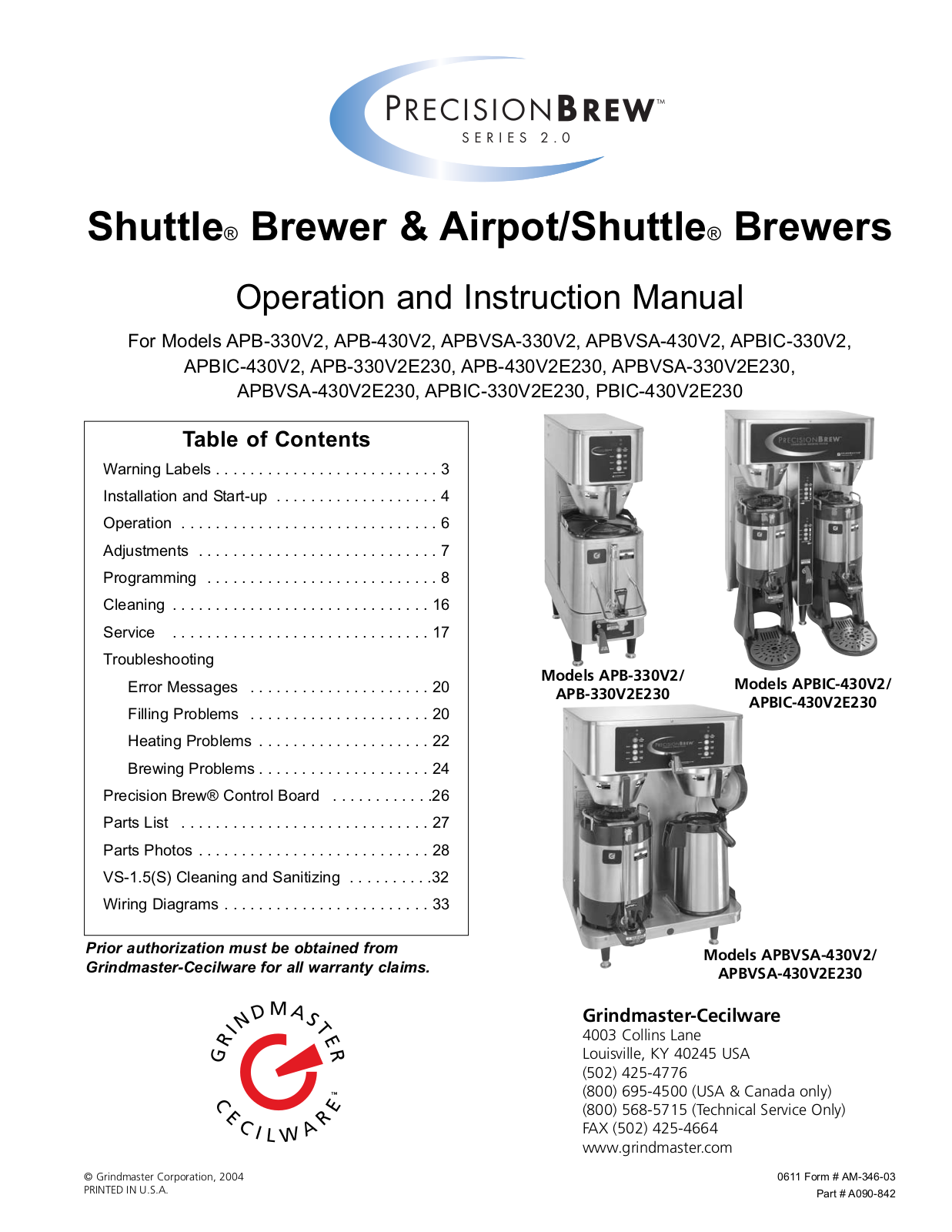 Grindmaster APBVSA-330V2, APBIC-330V2, APBIC-430V2E230, APB-430V2E230, APB-330V2E230 User Manual 2