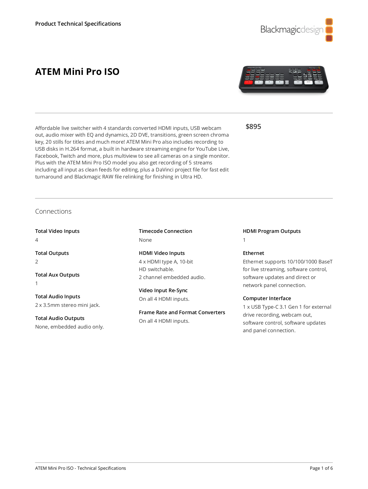 Blackmagic Design ATEM Mini Pro ISO Datasheet