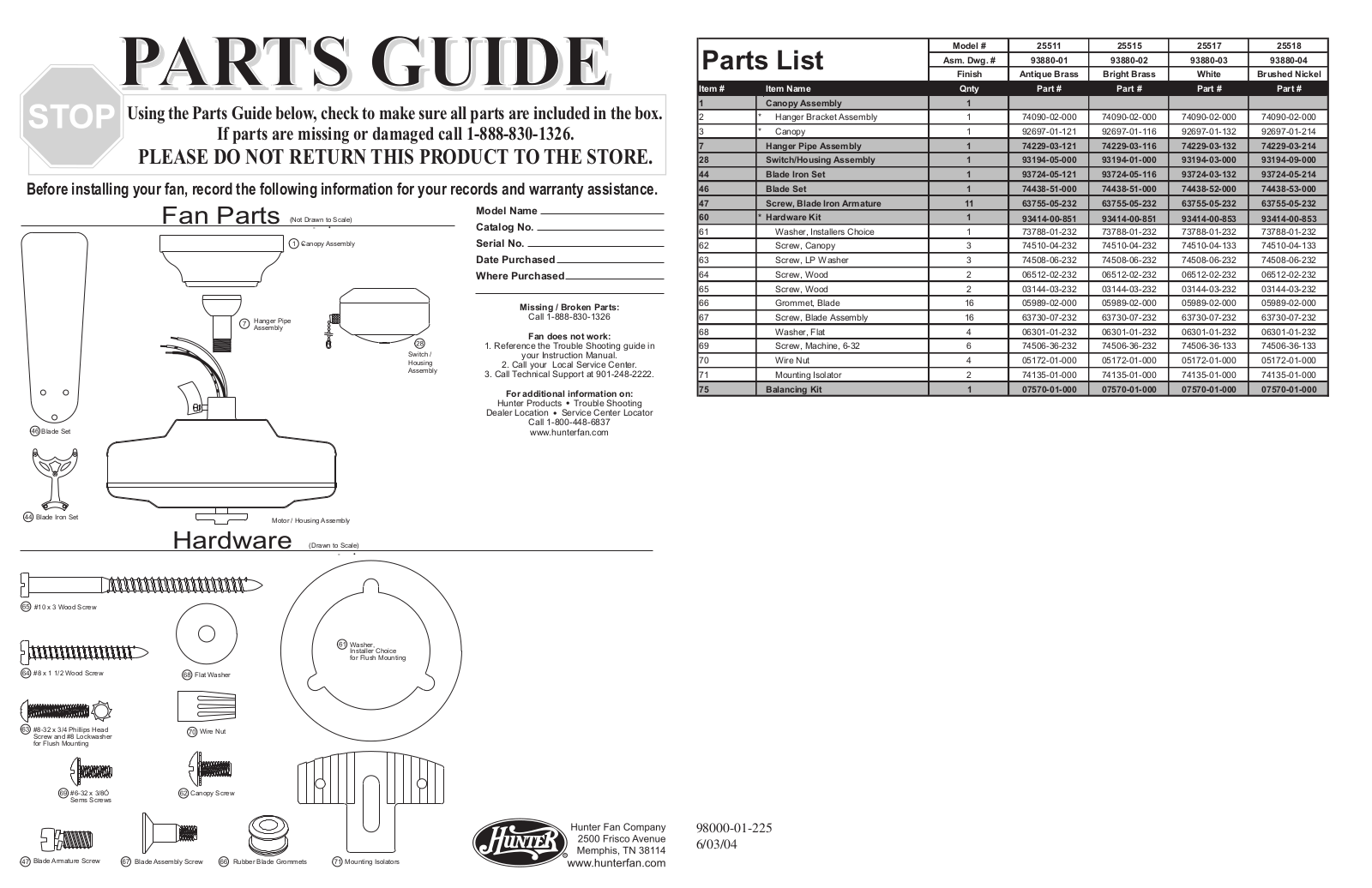 Hunter 25518 Parts Guide