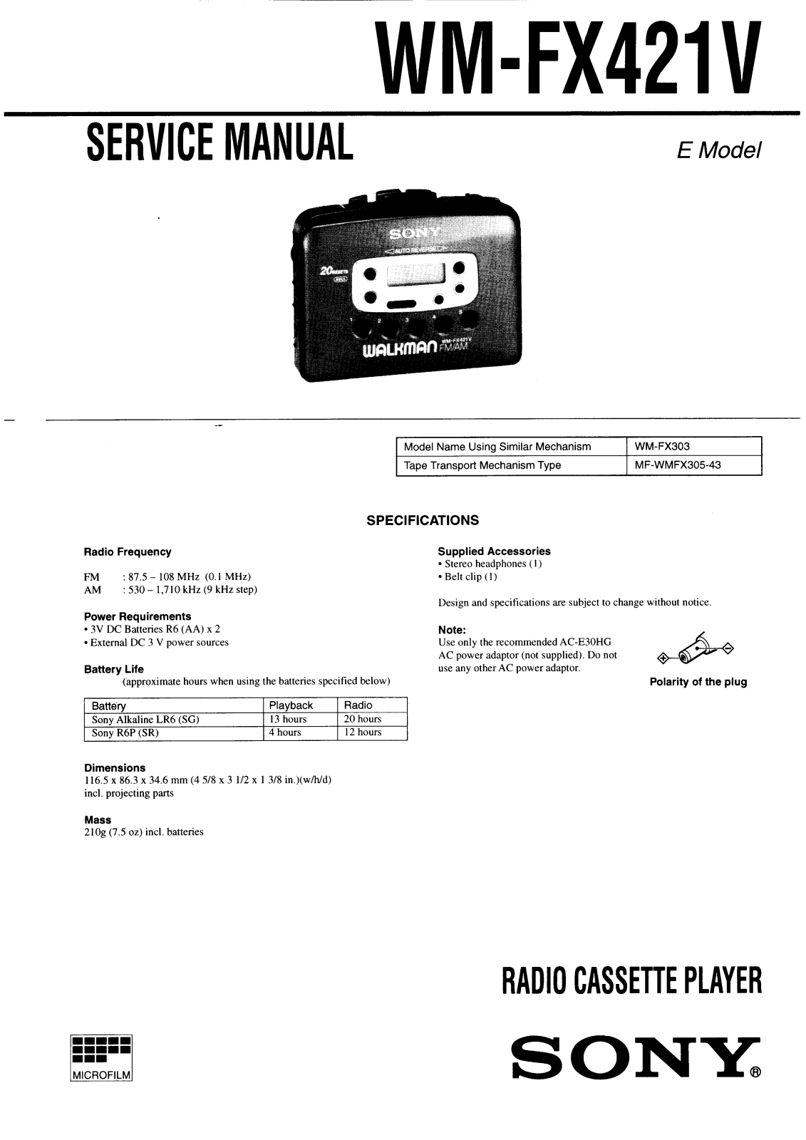 Sony WMFX-421-V Service manual