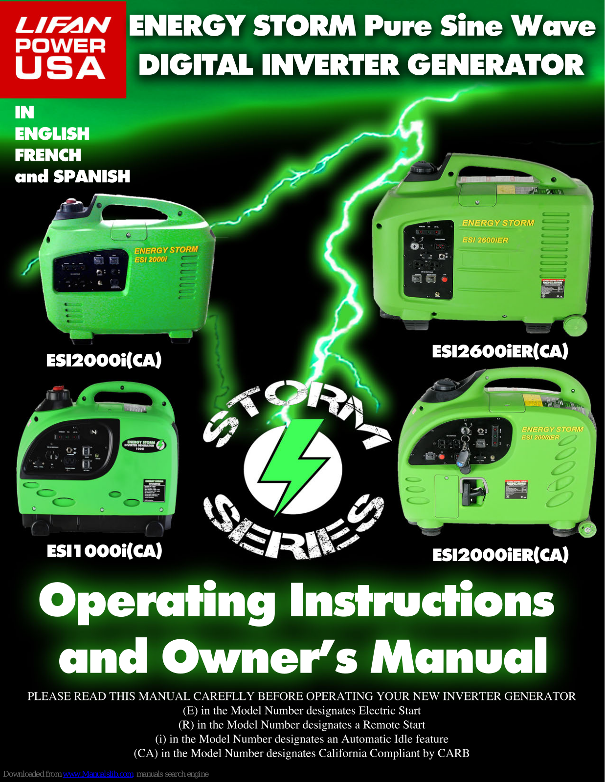 LIFAN Power USA ESI1000i-CA, ESI2000i, ESI2000iER, ESI2000iER-CA, ESI2000i-CA Owner's Manual