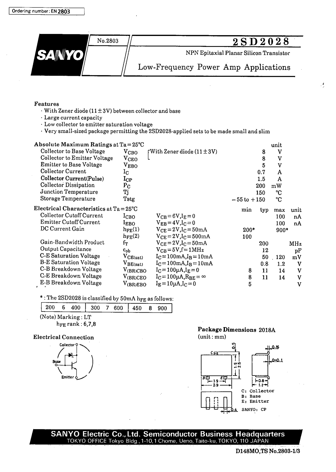 SANYO 2SD2028 Datasheet