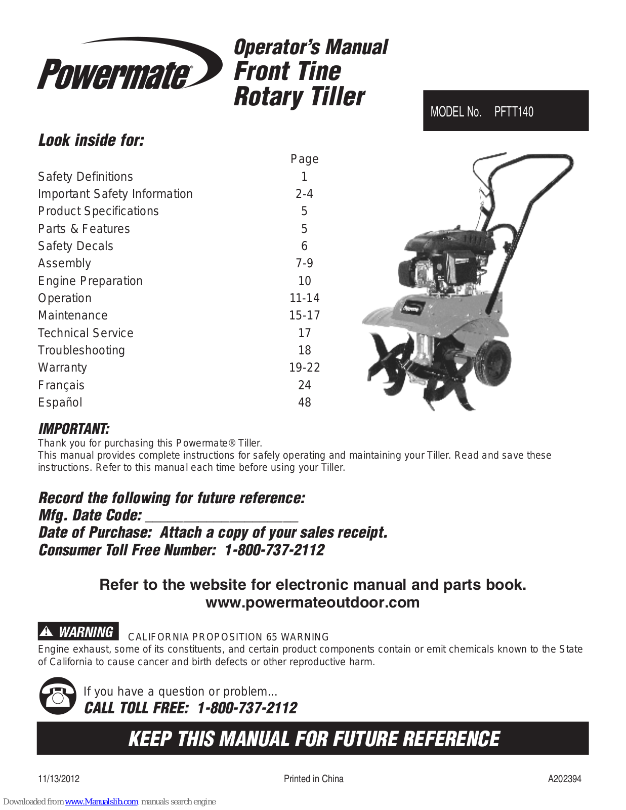 Powermate PFTT140 Operator's Manual