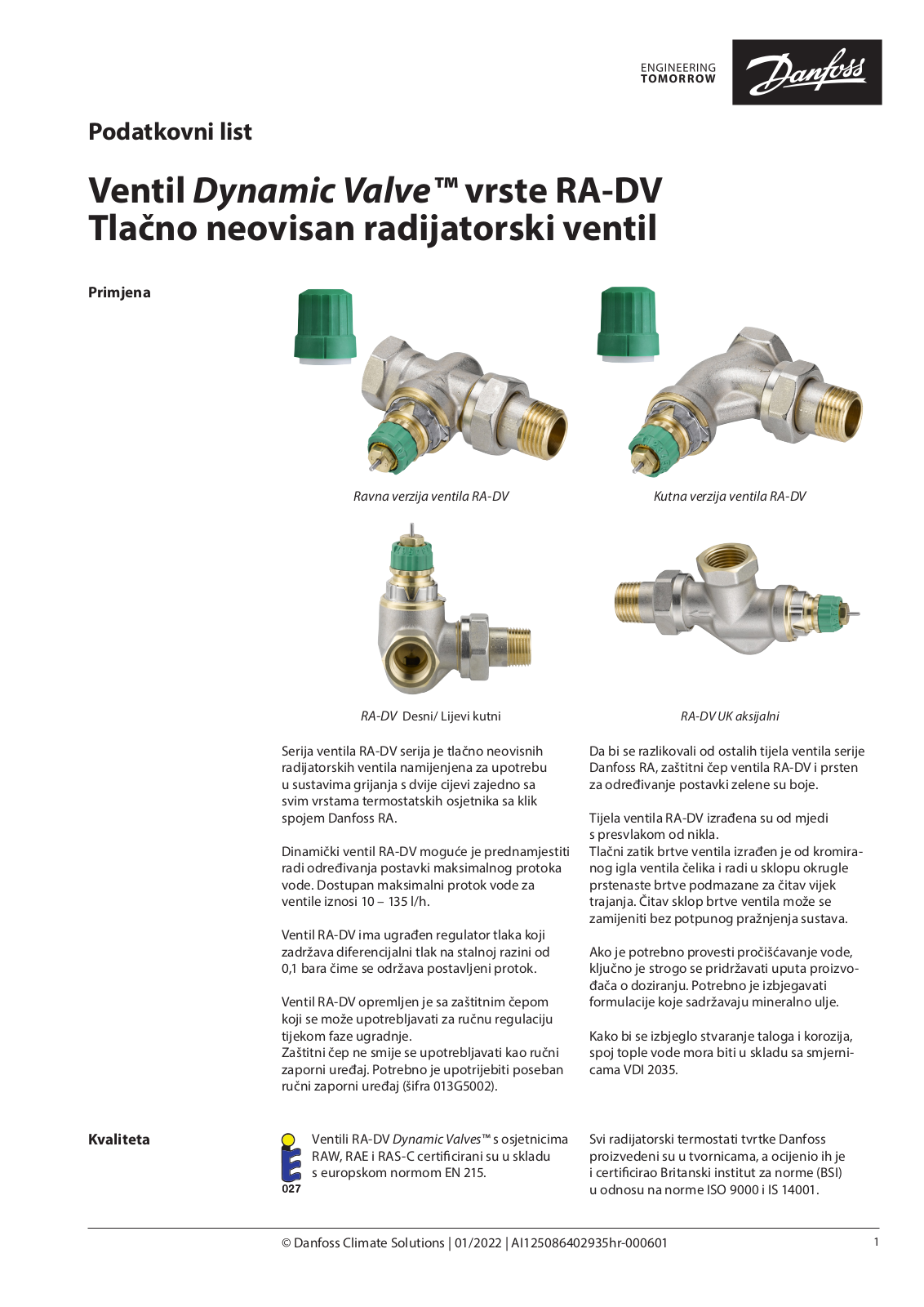 Danfoss RA-DV Data sheet